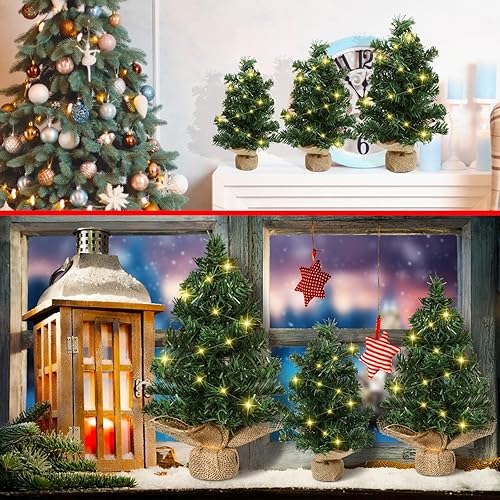 Miniatura 5 de Shappy 3 piezas de mini árbol de Navidad con luz preiluminada, árbol de Navidad artificial de mesa LED en miniatura con base de lino para
