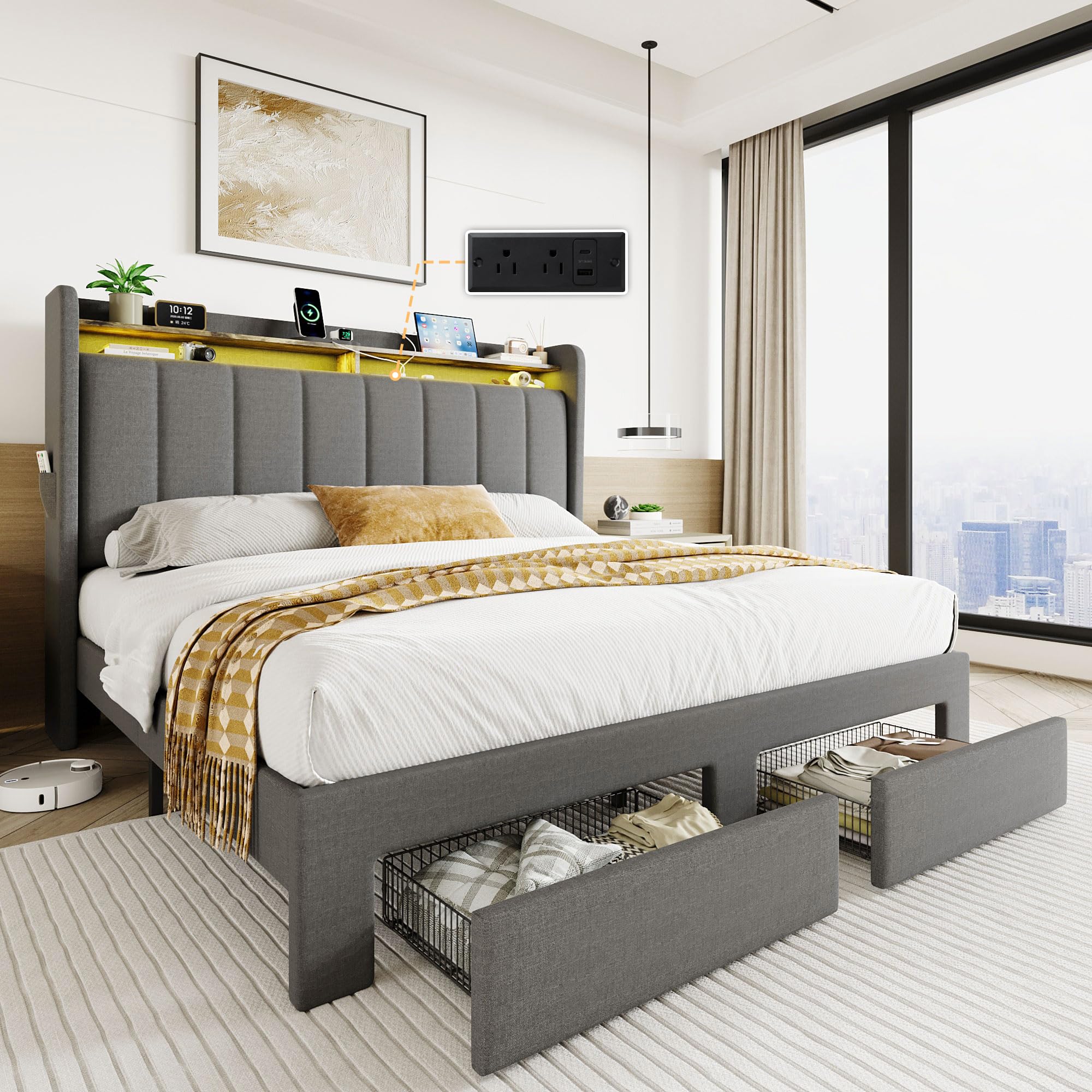 SHA CERLIN Queen Platform Bed Frame with Vertical Channel Tufted Wingback Headboard & 2 Storage Drawers/2-Tier Shelves with LED Lights & Charging