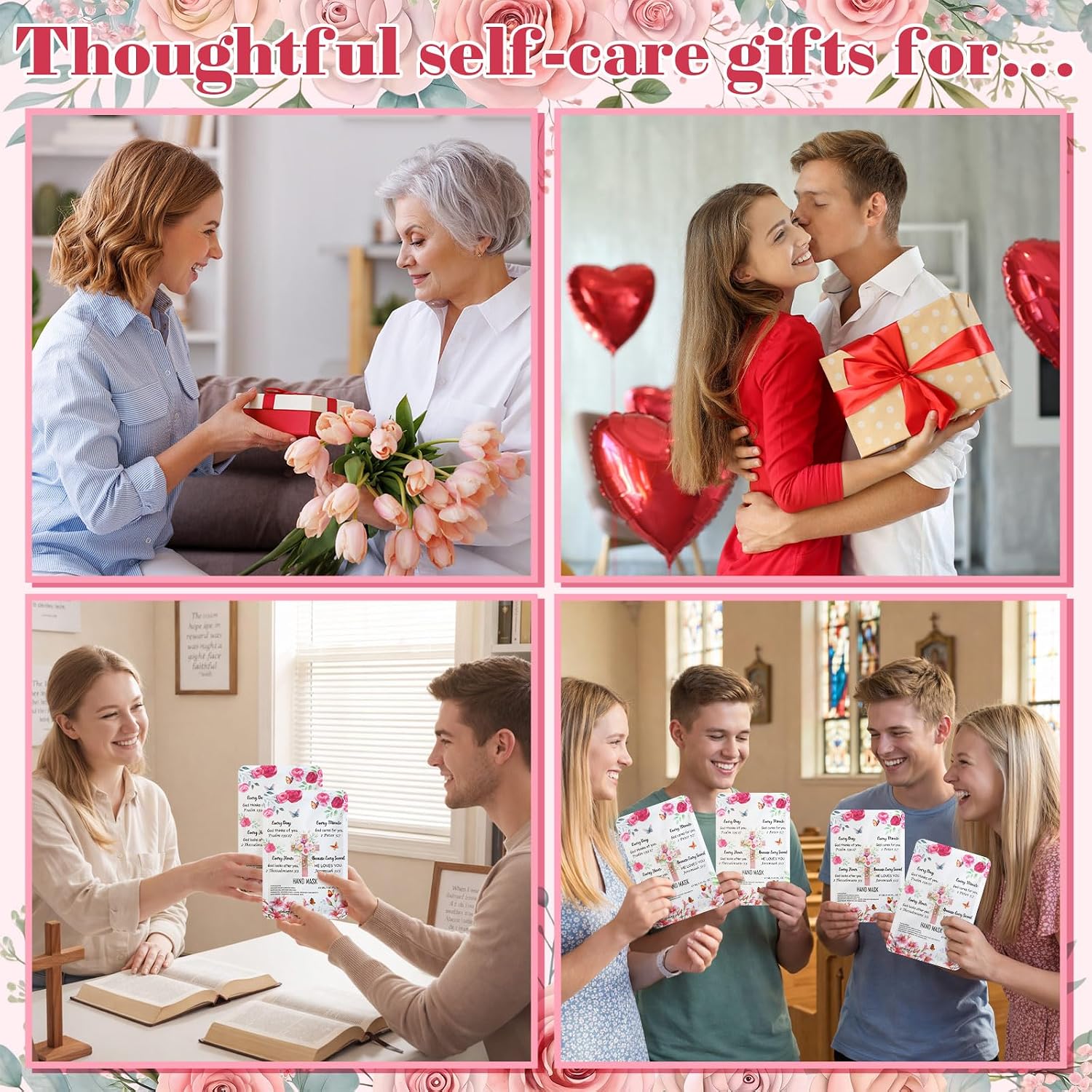 Loopeer 24 Pcs Christian Gifts for Mothers Day Religious Hand Mask Bible Verse Gloves for Skin Dry Hydrating Hand Masks Moisturizer Rose Gloves for Mom Grandma Church Prayers Coworker