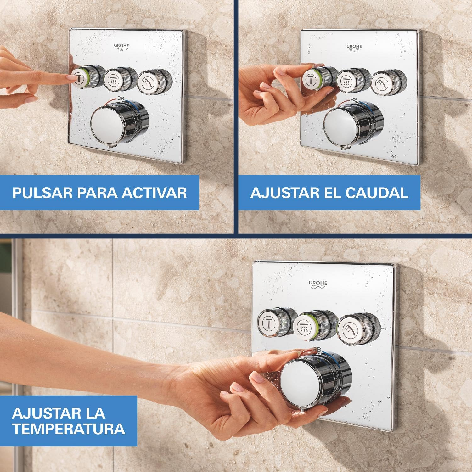 GROHE Kit de ducha empotrado Precision SmartControl 310 mm, 2 tipos de chorro, caja de instalación universal, manguera de ducha de 1500 mm, termostato empotrado, cromo, 34875000