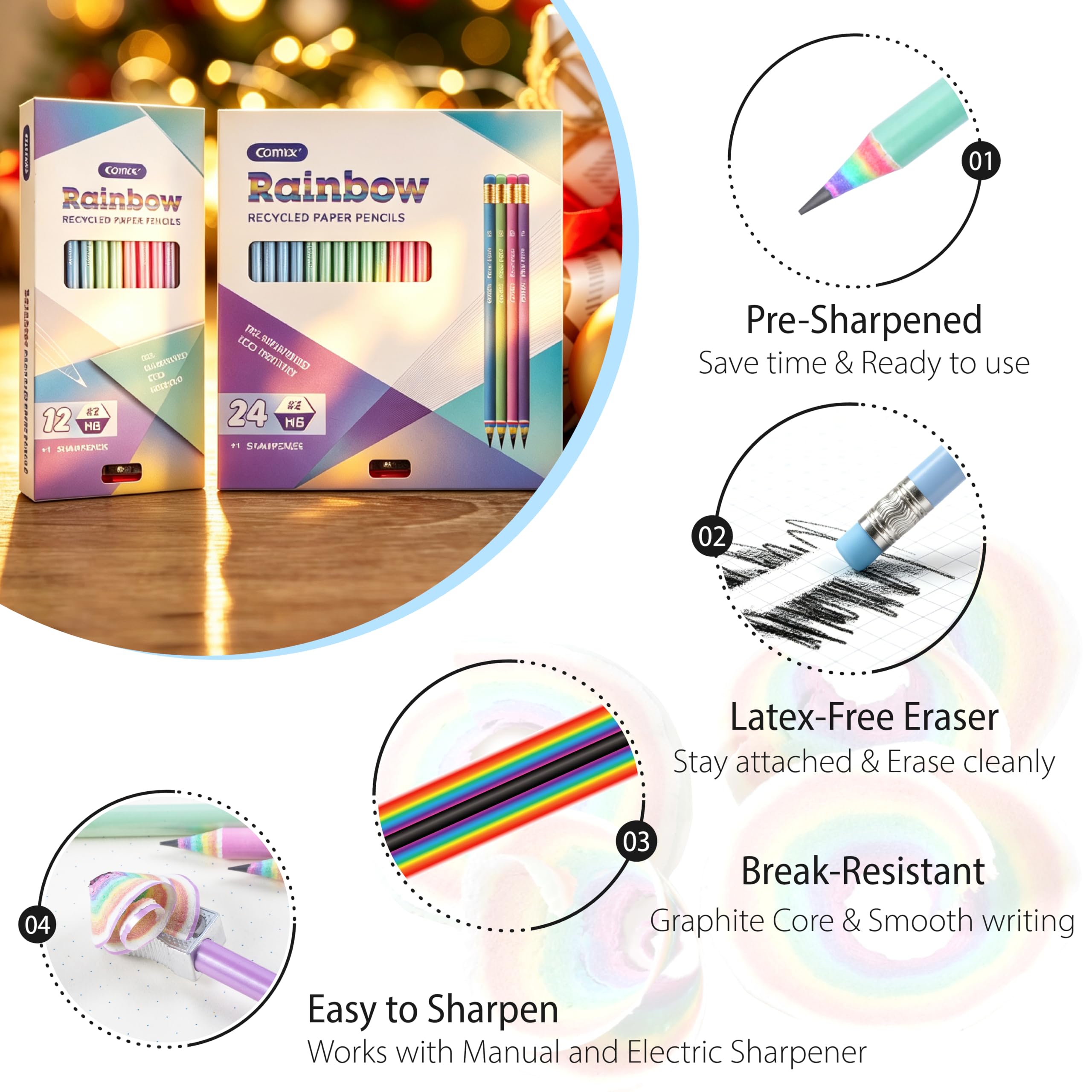 ECOTREE Vorgespitzte Regenbogen-Bleistifte, Nr. 2, HB, 12 Stück