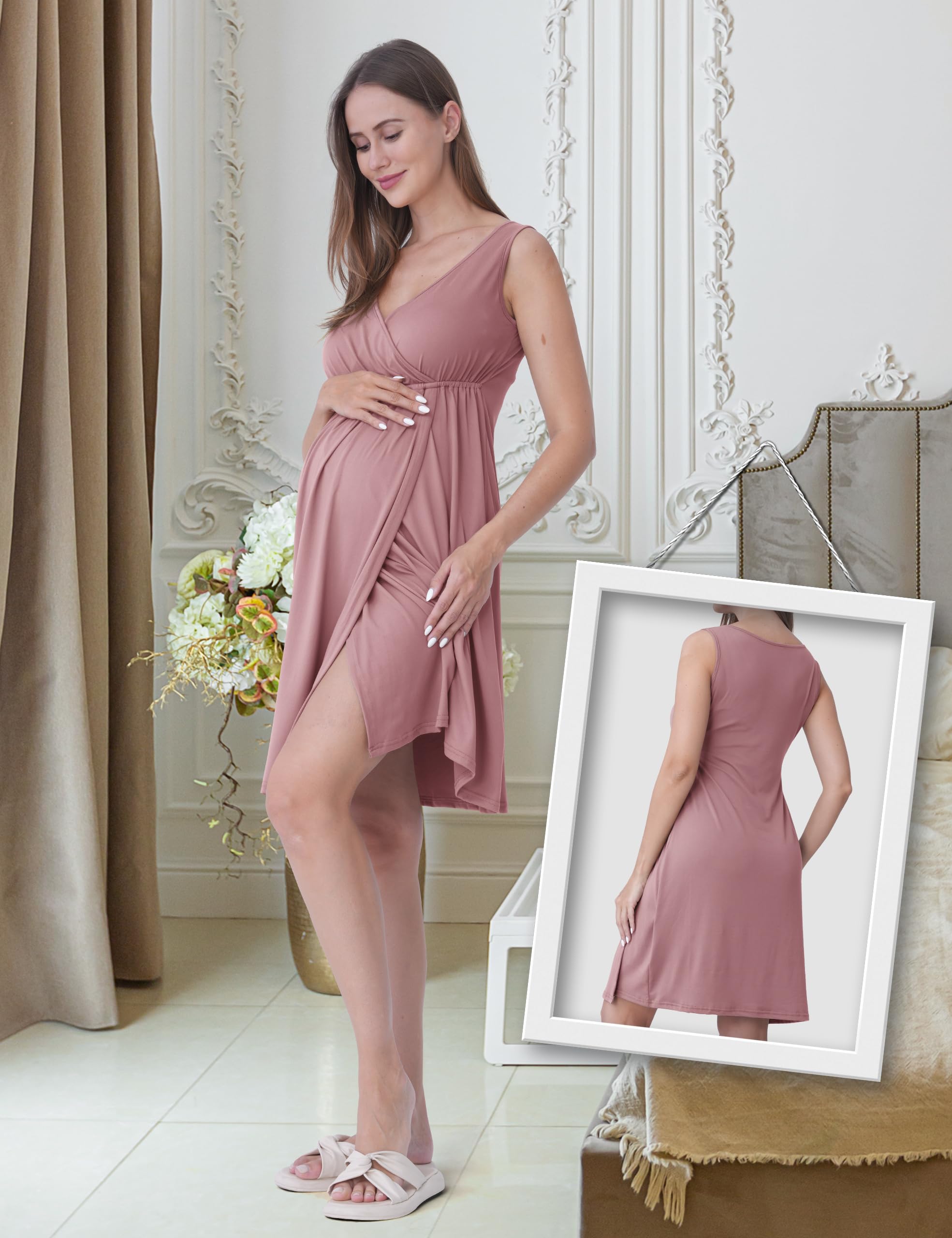 SUNNYBUY Chemise de nuit de grossesse et d'allaitement avec robe de chambre 2 pièces | Ensemble de vêtements de nuit de grossesse 3 en 1 pour naissance, puériculture et allaitement, vêtements de nuit