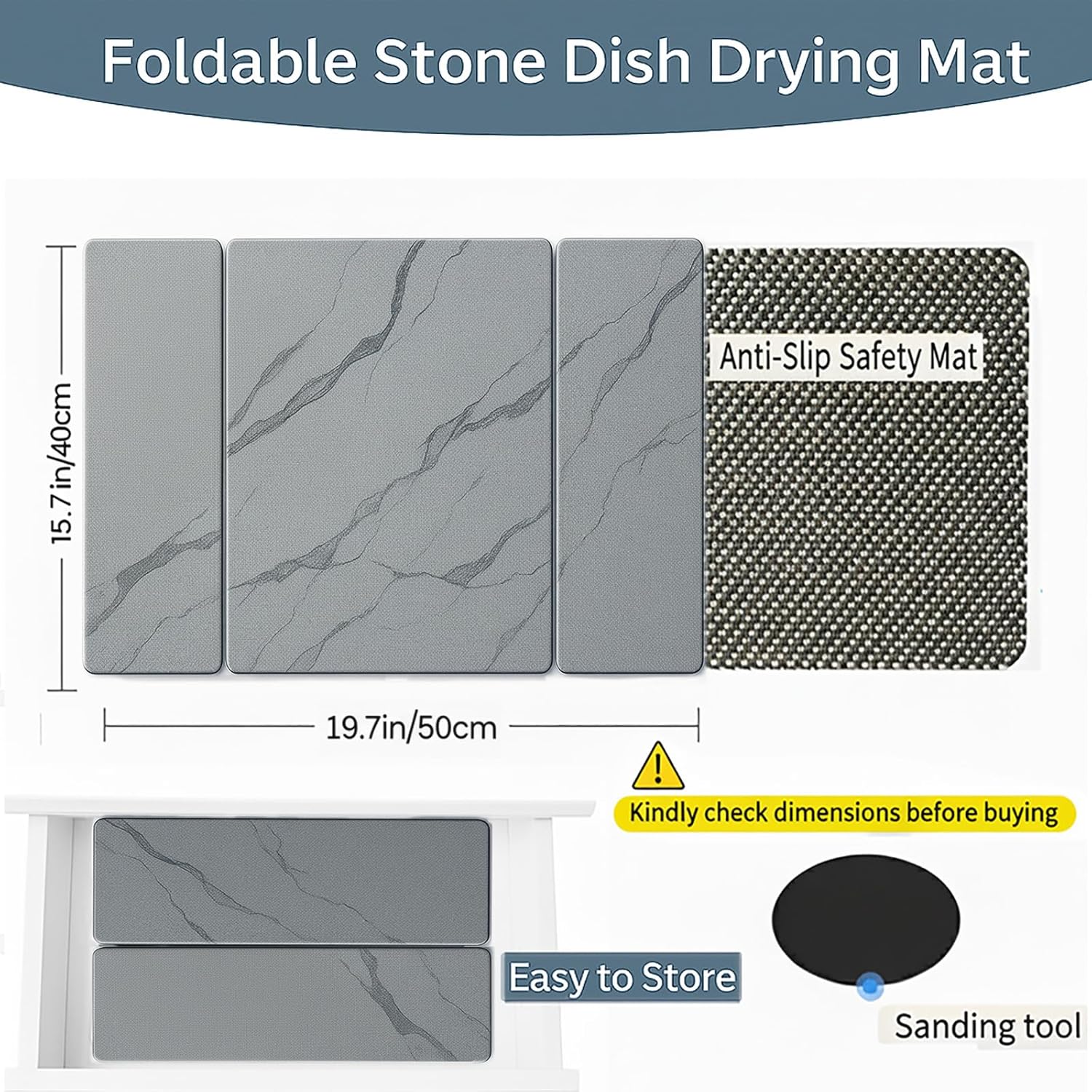 3-Panel Stone Drying Mat for Counter, 20"×16" – Fast Dry Diatomaceous Earth Dish Mat, Heat-Resistant,Stable Hard Stone Pad for Dishes, Ice Maker & Air Fryer, Protects Premium Countertops