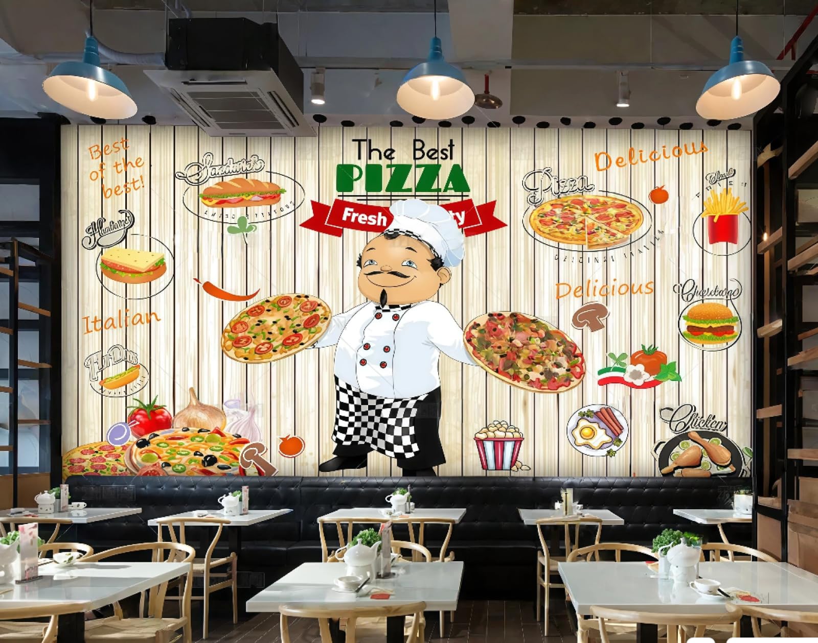 XDOUBAO Wallpaper Board Hand-Painted Delicious Pizza Shop Burger Fried Chicken Cuisine Afternoon Tea Western Restaurant Background Wall Wallpaper Coffee Shop Mural,3D,200x140cm