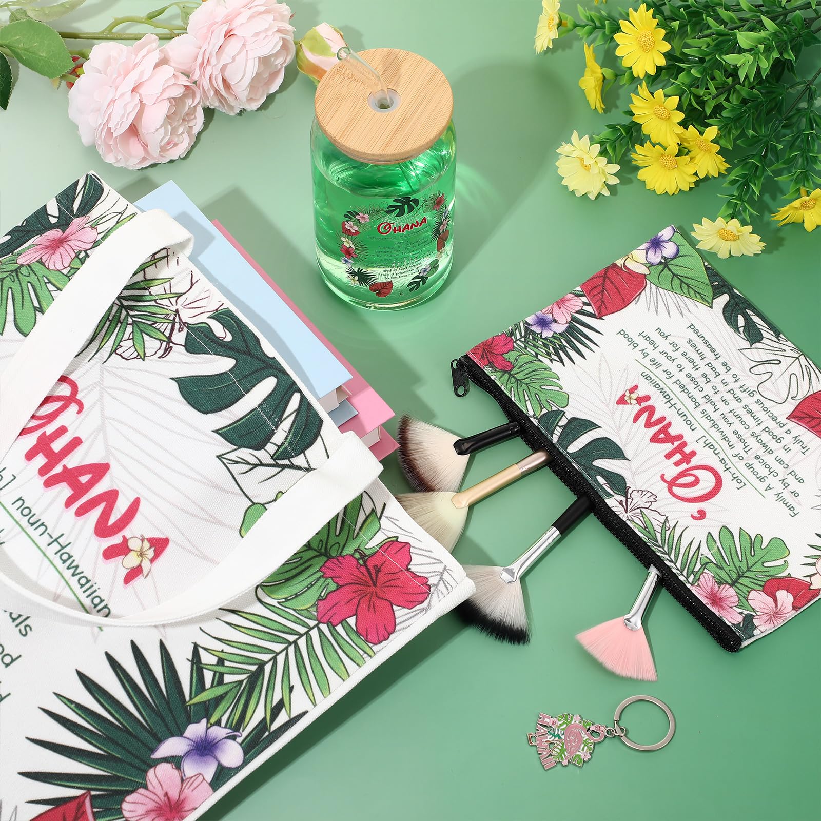 Chuangdi 4 Pcs Hawaiian Gifts for Women Hawaii Souvenirs Canvas Bag Cosmetic Bag 16 oz Tumbler and Keychain Summer Gifts for Friend Lover Sister Traveler