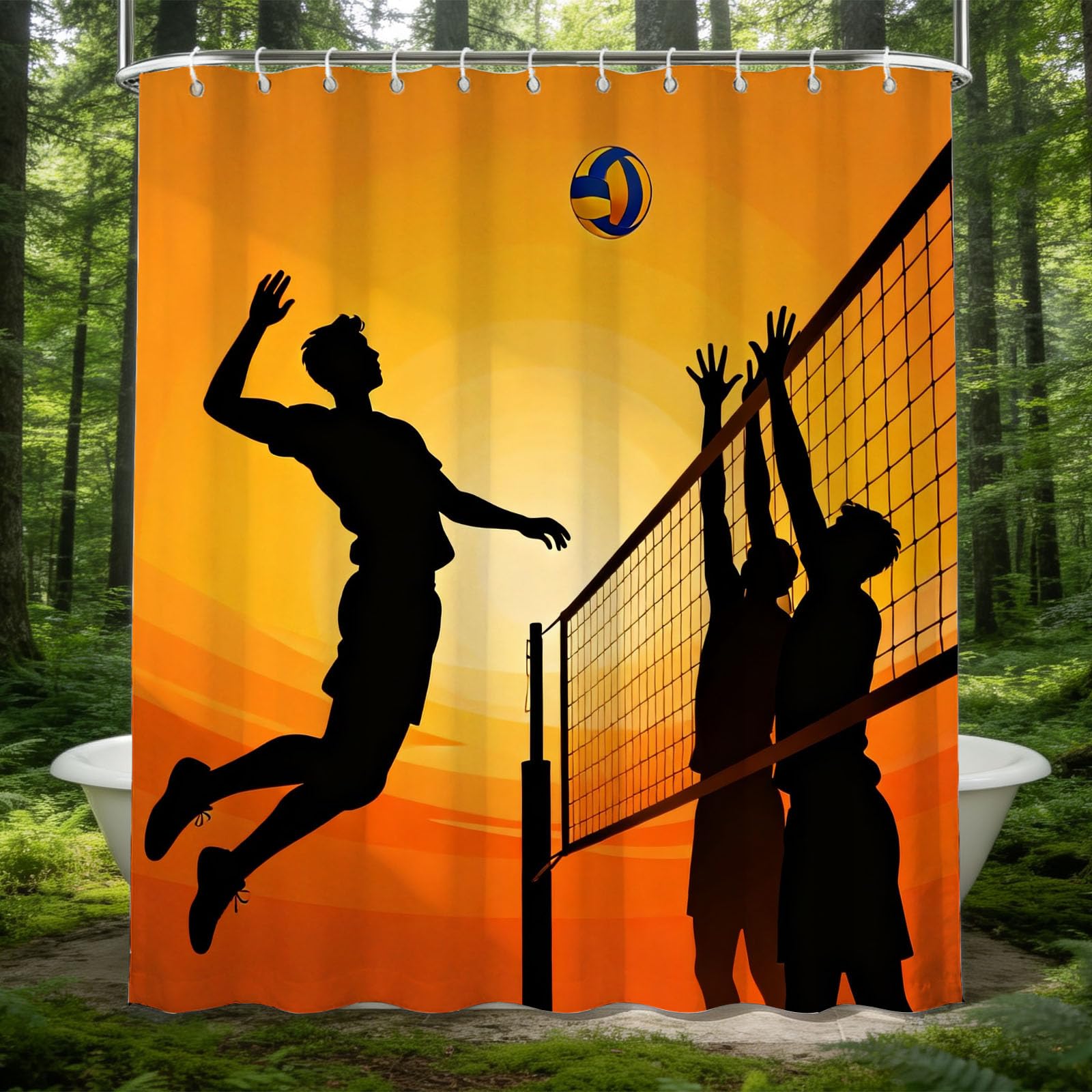Hongduo 3D Volleyball Silhouette Shower Curtain for Stalls Bathtubs Silhouette Bathroom Decor Shower Curtain Set Polyester Fabric Waterproof 180x180cm/71X71 Inch with Hooks