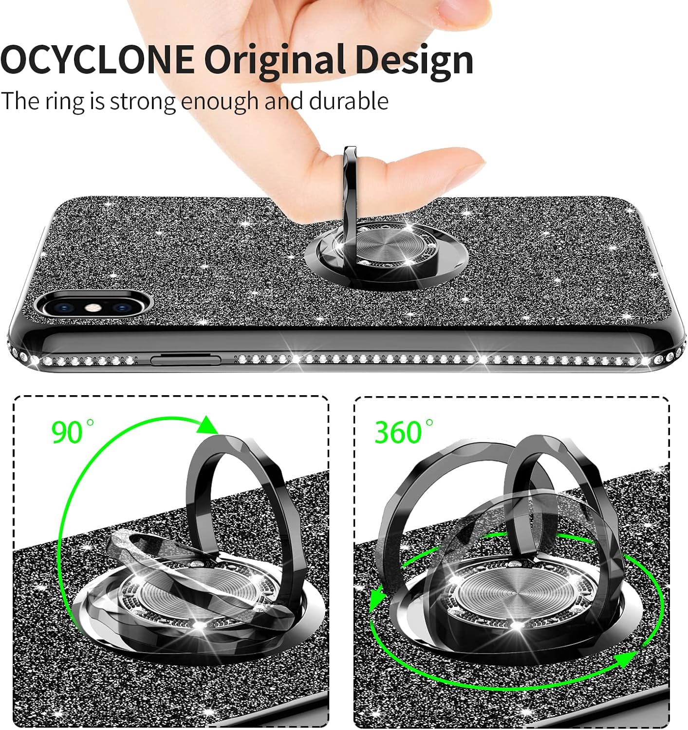 OCYCLONE Glitter Case for iPhone Xs Max Case 6.5 inch, Luxury Bling Diamond Rhinestone Bumper with Ring Stand Protective iPhone Xs Max Case for Women Girl - Black