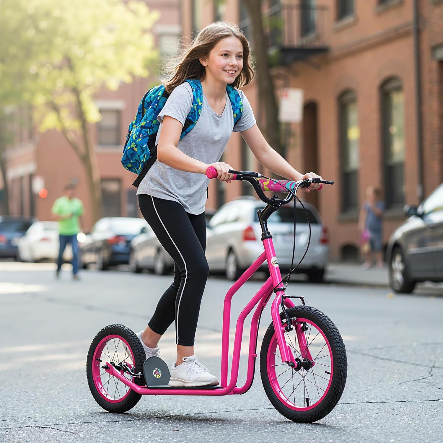 GYMAX Youth Scooter, Height Adjustable Kick Scooters with Extra Large Inflatable 16” Front & 14” Rear Wheels, Dual Hand Brakes & Kickstand, Heavy Duty Scooter for Teens Adults (Pink)