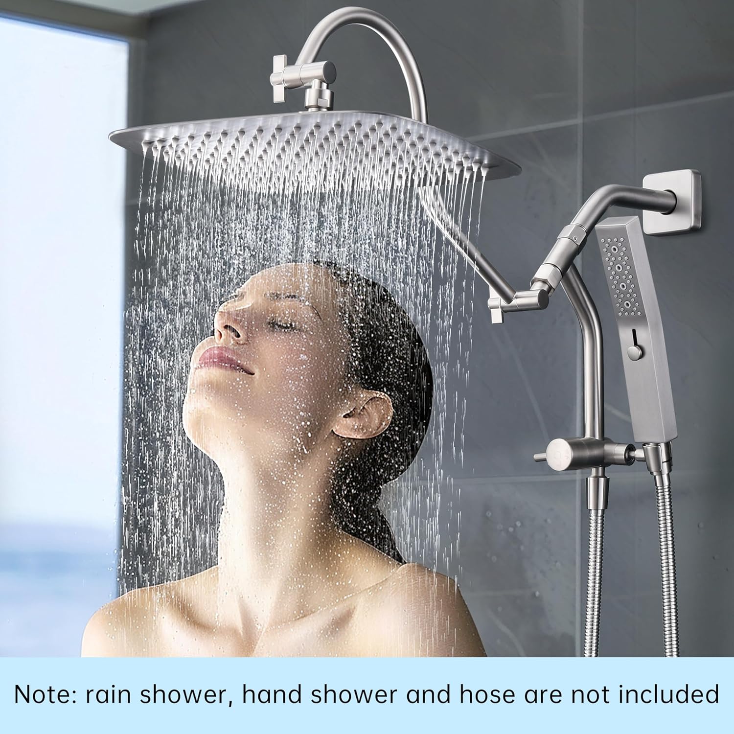 G-Promise All Metal Shower Diverter with Low Handheld Holder and 13 Inch Curved Adjustable Extension Arm, 70 Inch Stainless Steel Long Shower Hose