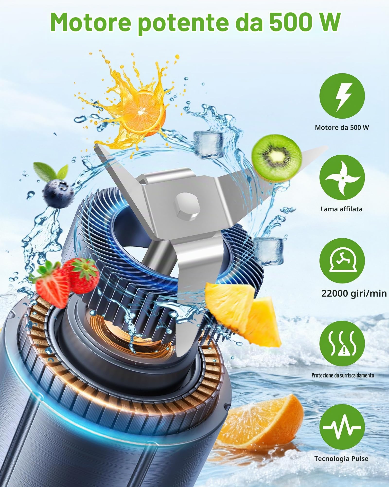 Frullatore,Mini Frullatore Portatile,Blender da 500W,Smoothie Maker Dotato di 2 Bottiglie in Tritan da 600ml Senza BPA,Frullatore Elettrico con 4 Lama in Acciaio Inossidabile,Smontabili