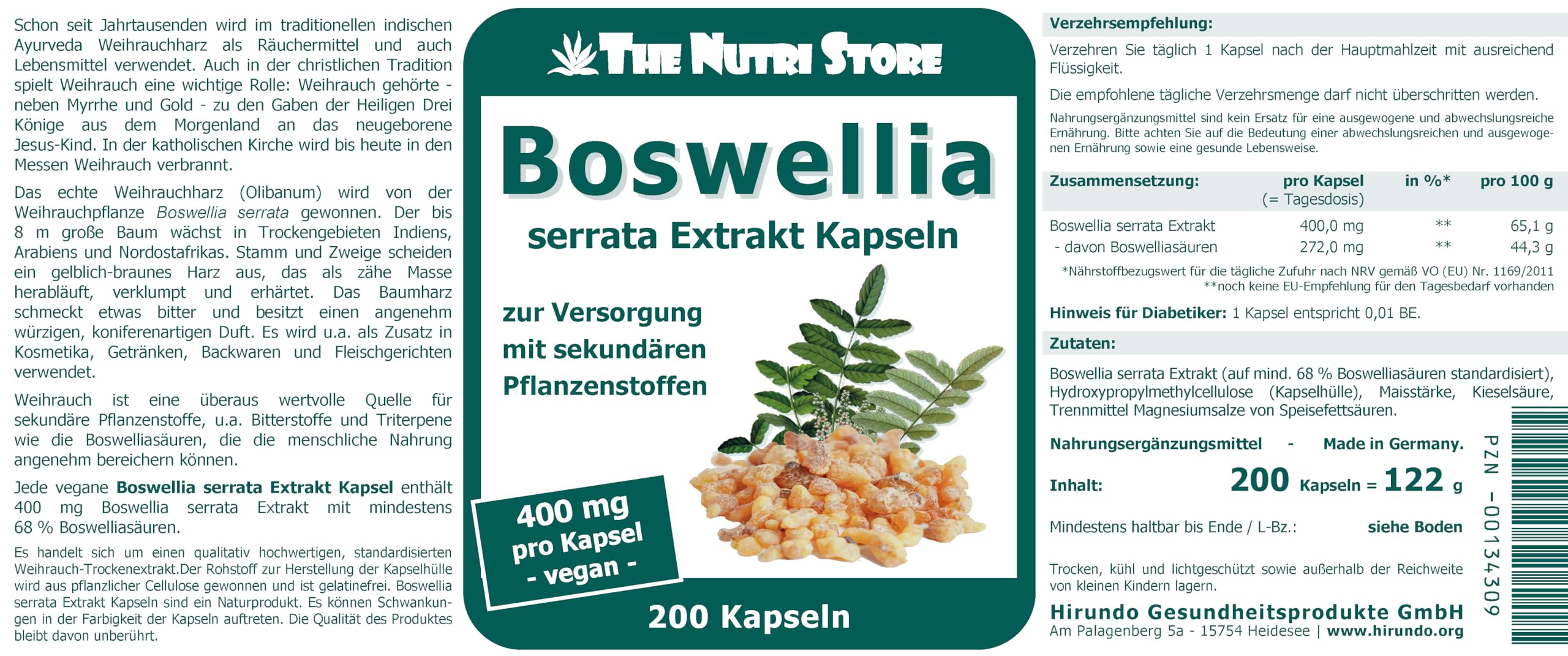 Boswellia serrata Weihrauch 400 mg Extrakt vegan Kapseln 200 Stk.