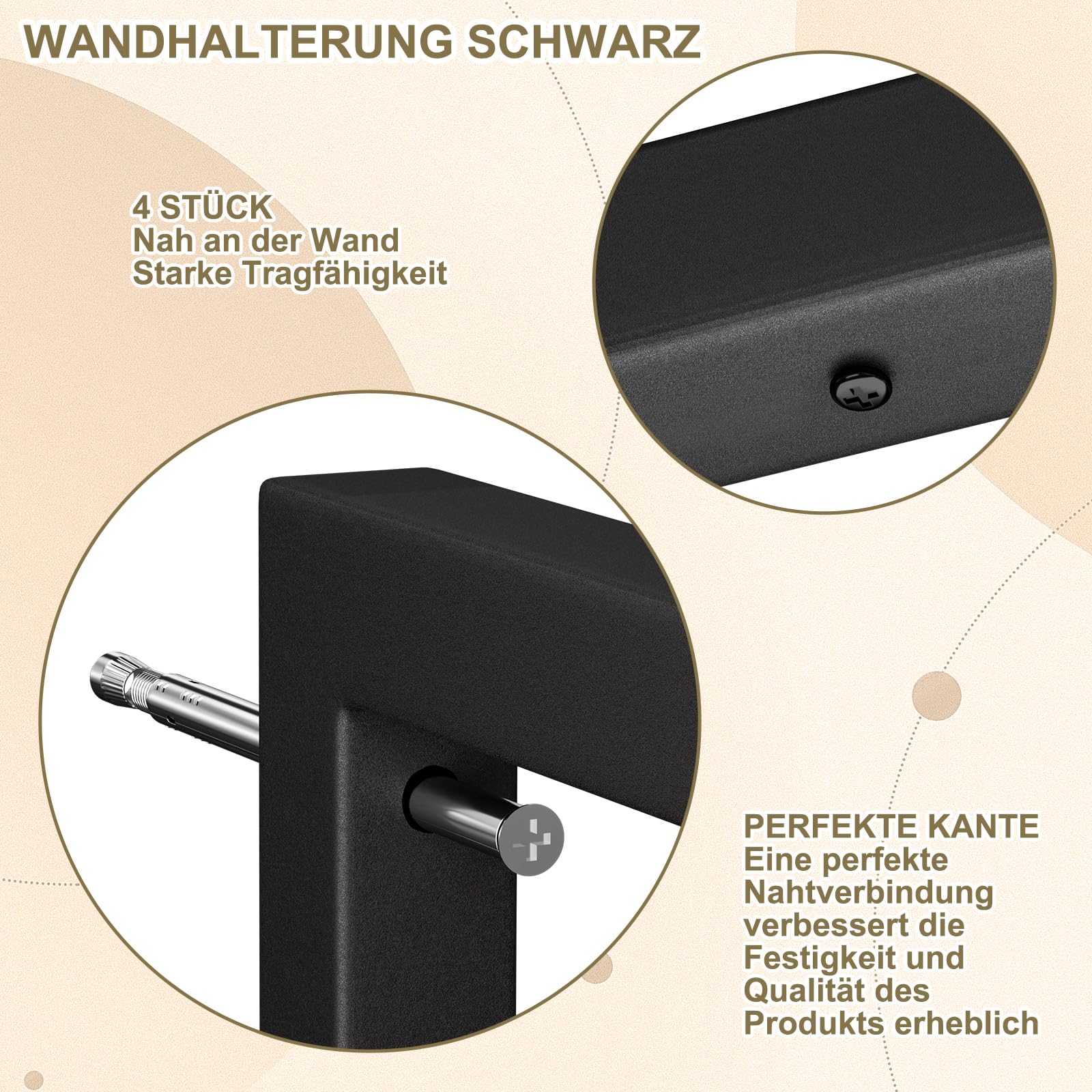 Mordx Set of 4 Wall Brackets 30 x 15 cm, Design Basin Console, Towel Shelf Holder, Square Control, Black, 30cm /4Stück - Image 4