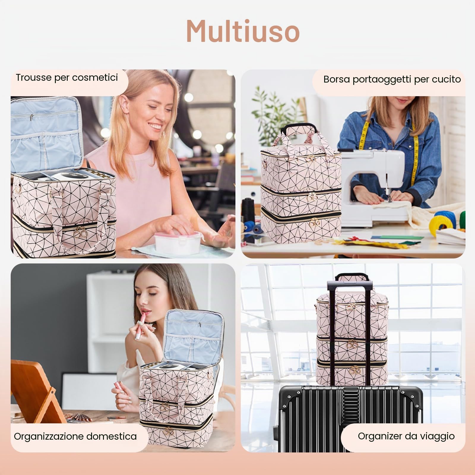 Borsa organizer per smalto unghia, grande capacità, tre strati, custodia da viaggio con tracolla, rosa, per 84 bottiglie di smalto unghia