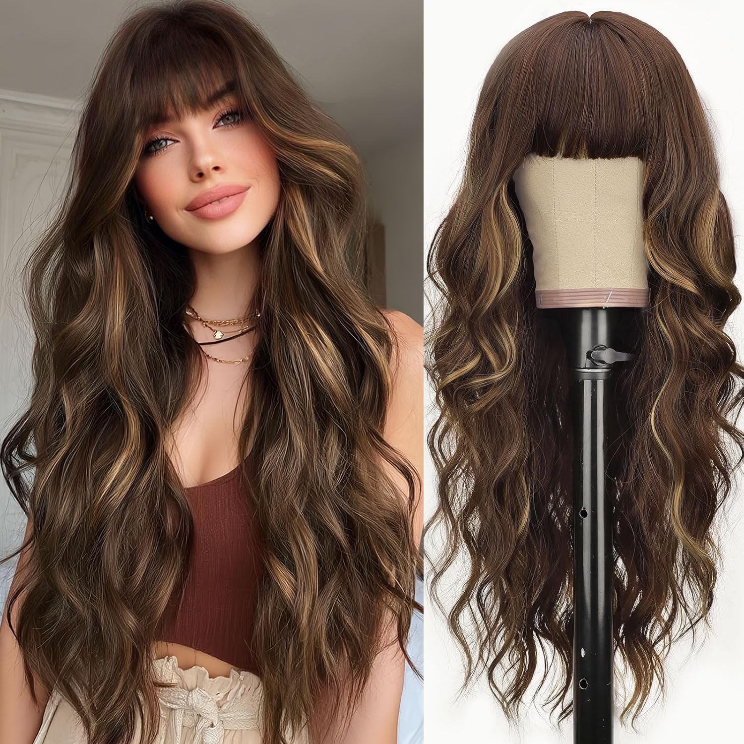 AISI HAIR Brown Mixed Honey Blonde Wig with Bangs Long Wavy Wig for Women Synthetic Hair Wig for Daily Party Use