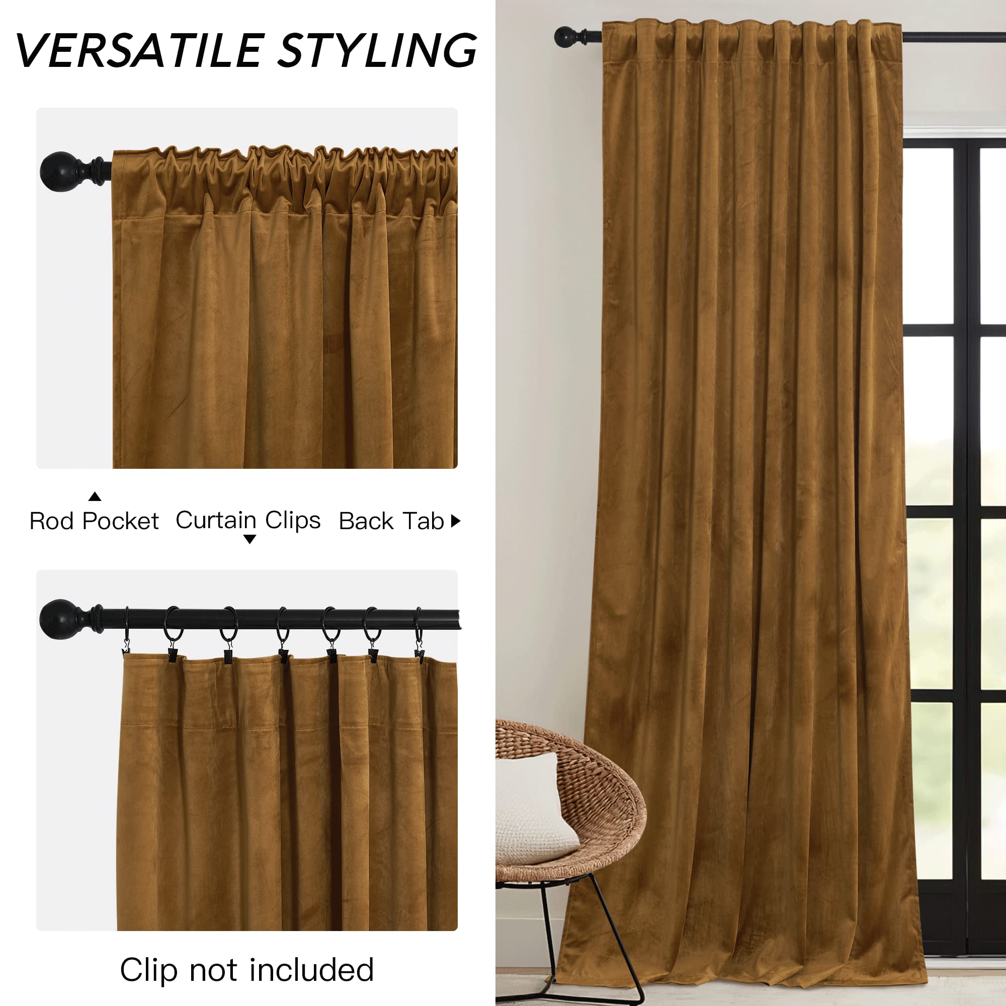 RYB HOME Brownish Gold Velvet Curtains 84 inch, Retro Vintage Room Darkening Window Curtains for Living Room Thermal Insulated Shades with Pleat Tape Pocket & Tabs for Bedroom, W52 x L84 inch, 2 Panel