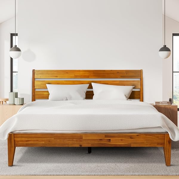 Acacia Emery Bed Frame with Headboard Solid Wood Platform Bed, King Size Bed Frame, Mid - Century Modern Wood Bed Compat