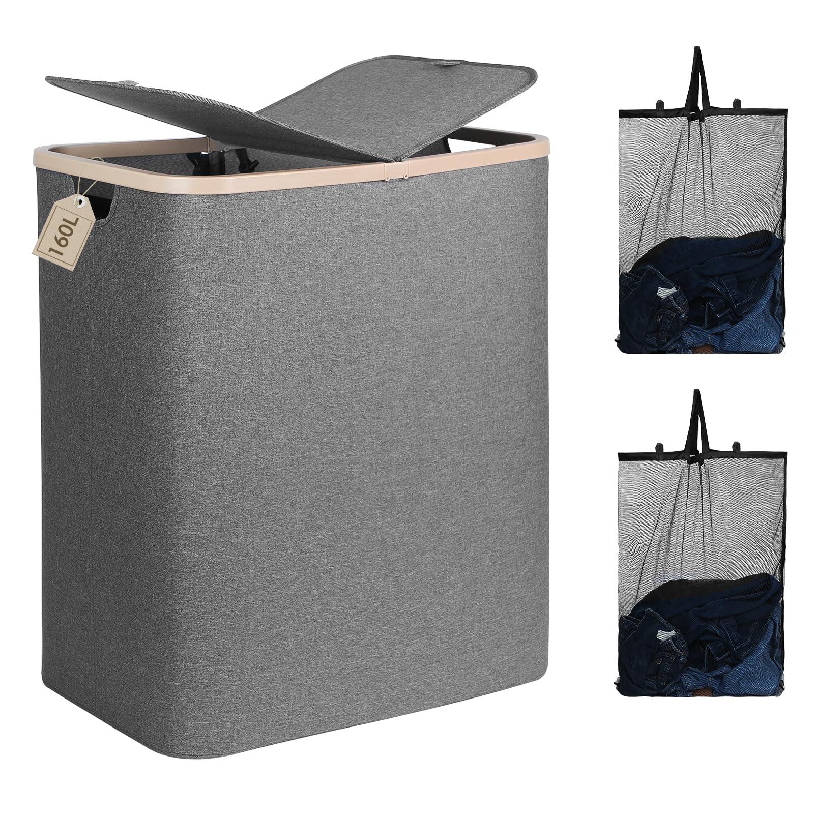 Photo 1 of **MISSING BOTH INNER BAGS**DOKEHOM 160L Double Laundry Basket with Removable Lid and Laundry Bags, Large Collapsible Laundry Hamper with 2 Sections (Dark Grey)