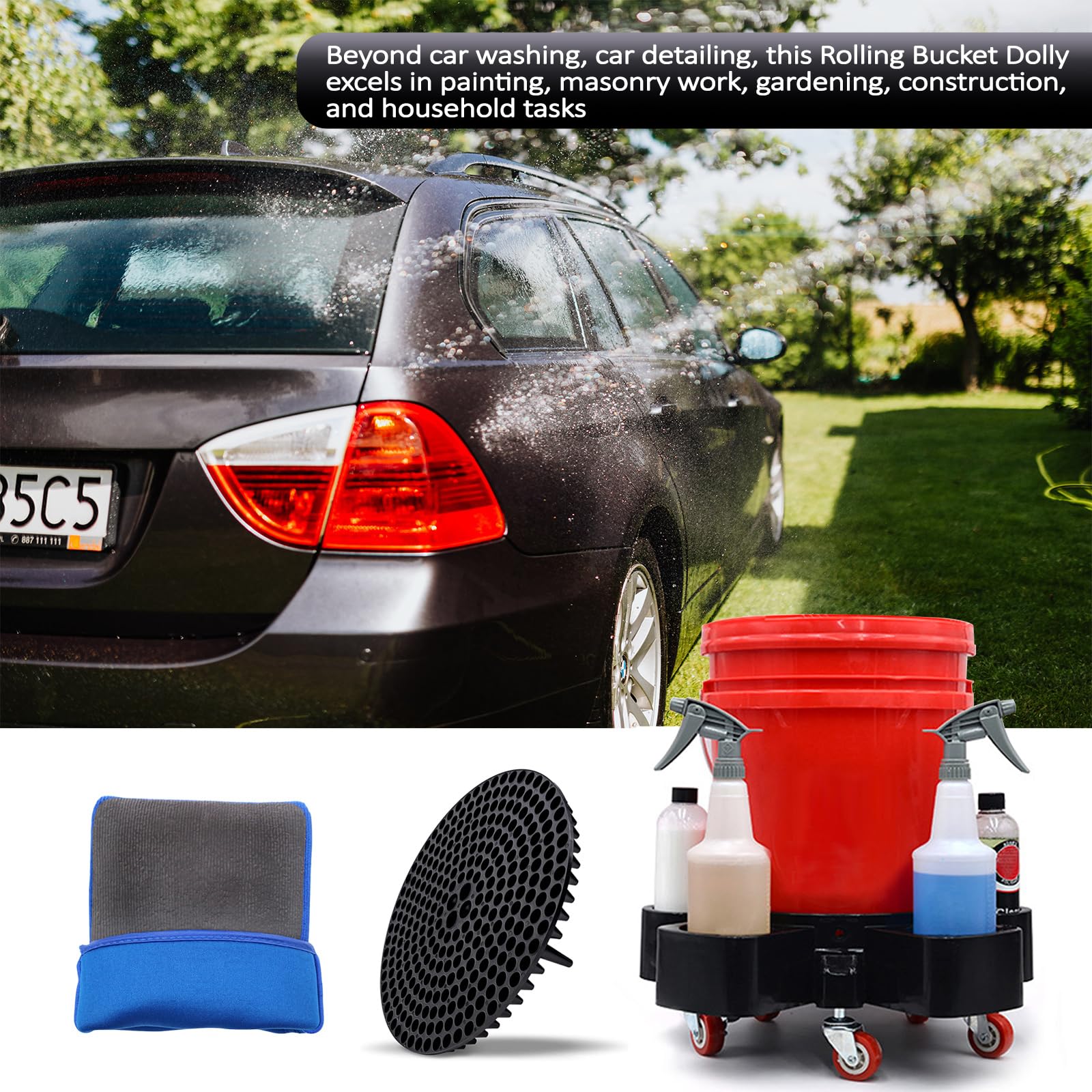 Set di secchi per lavaggio auto, con alloggiamenti per bottiglie, filtro sedimenti e guanto per il lavaggio, 5 ruote girevoli, 2 con freni, secchio facile da spingere per la pulizia dei dettagli