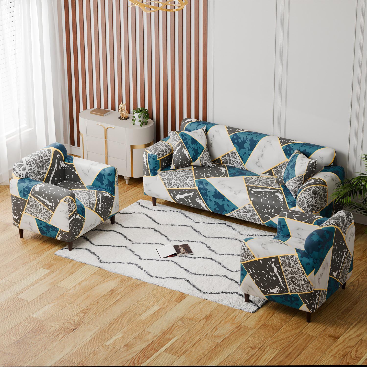 Gurnoor Sofa Cover One 3 Seater and Two 1 Seater Fully Covered Universal 5 Seater for Living Room Non-Slip Sticky Elastic Stretchable Couch Sofa Set Slipcover Protector(Marble) (B0D7CKNSP8) Amazon Price History, Amazon Price Tracker
