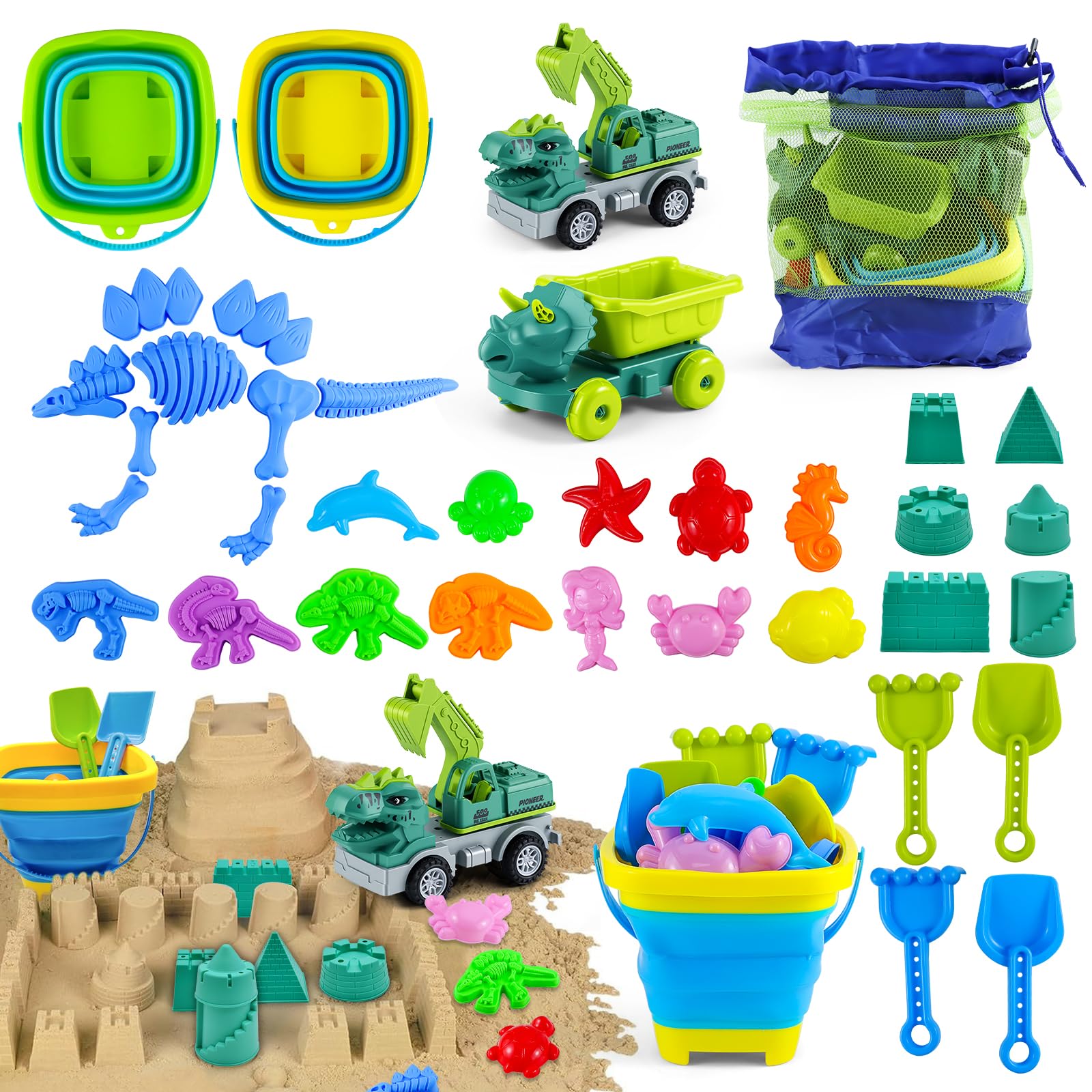 Juego de Juguetes de Playa para Niños,36 Piezas Juguetes de Playa de Dinosaurios para Niños Pequeños (1-8 Años),Juego de Juguetes de Playa de Viaje,Moldes de Animales,Set de Construcción