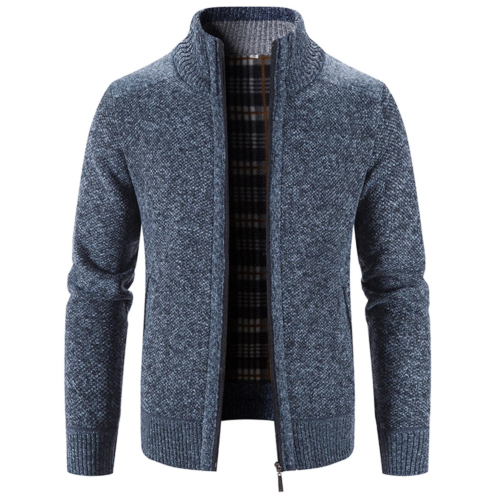 Men's Full Zip Up Cardigan Sweaters Regular Fit Flannel Lining Knitted Cardigans Zipper Thick Knit Sweater Coat (Blue,Medium)