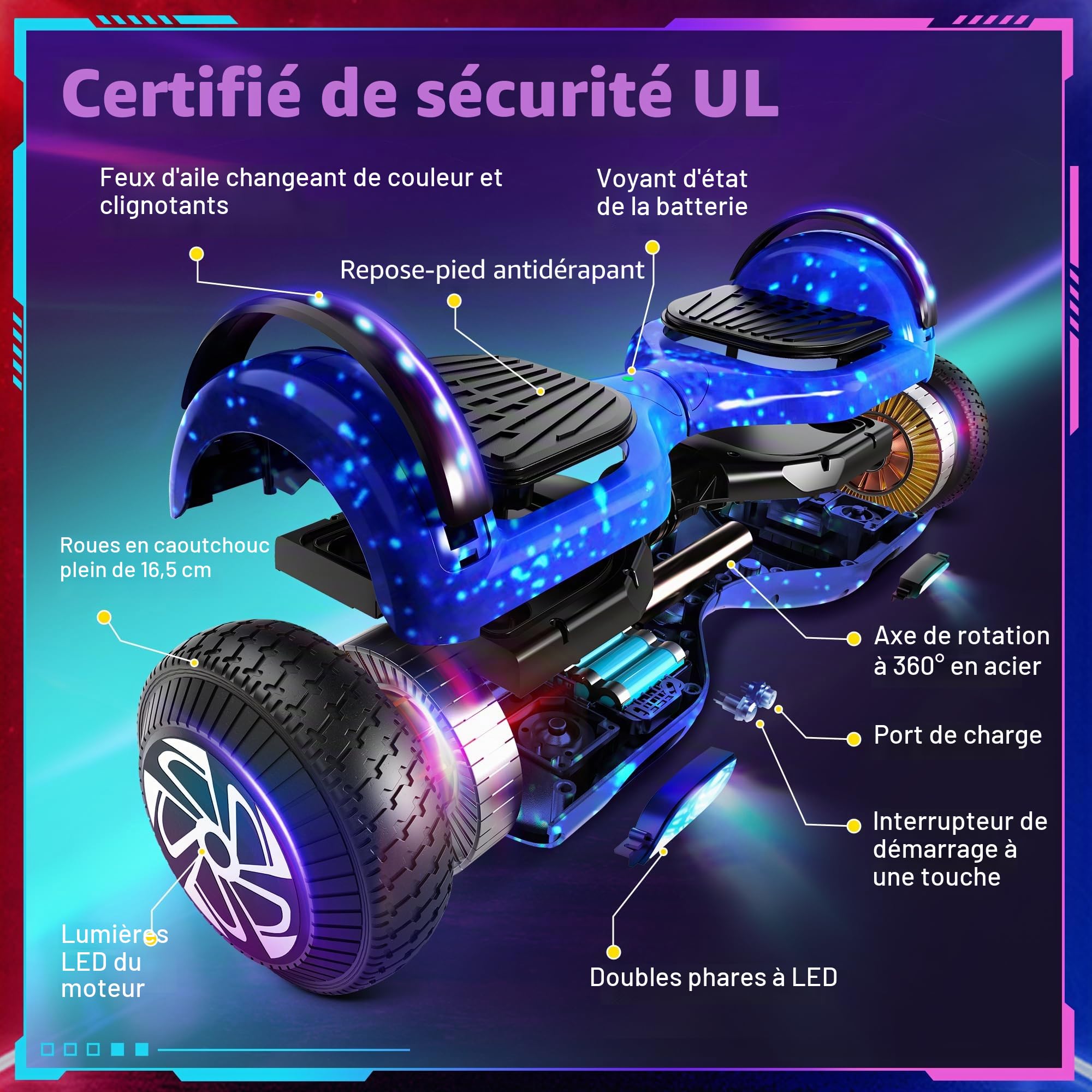 Trottinette électrique 6,5" avec Bluetooth & clignotants LED et moteurs Light-Up - Tout terrain pour garçons, filles, enfants, adolescents