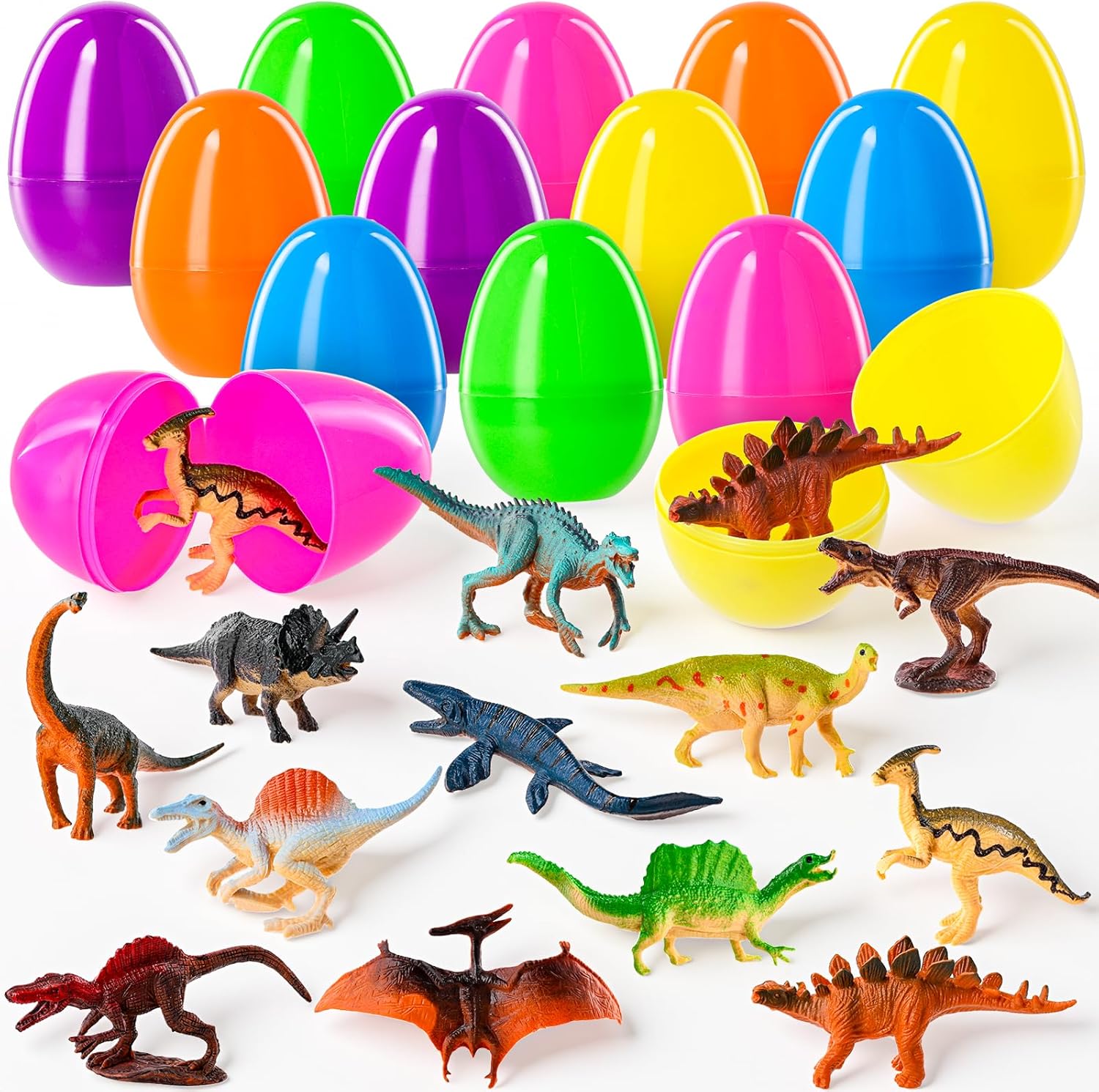 MGparty Prefilled Easter Eggs with Dinosaur Toys, 12 Pack Easter Egg Hunt Fillers , Dinosaur Party Favors, Classroom Prizes, Goodie Bag Stuffers