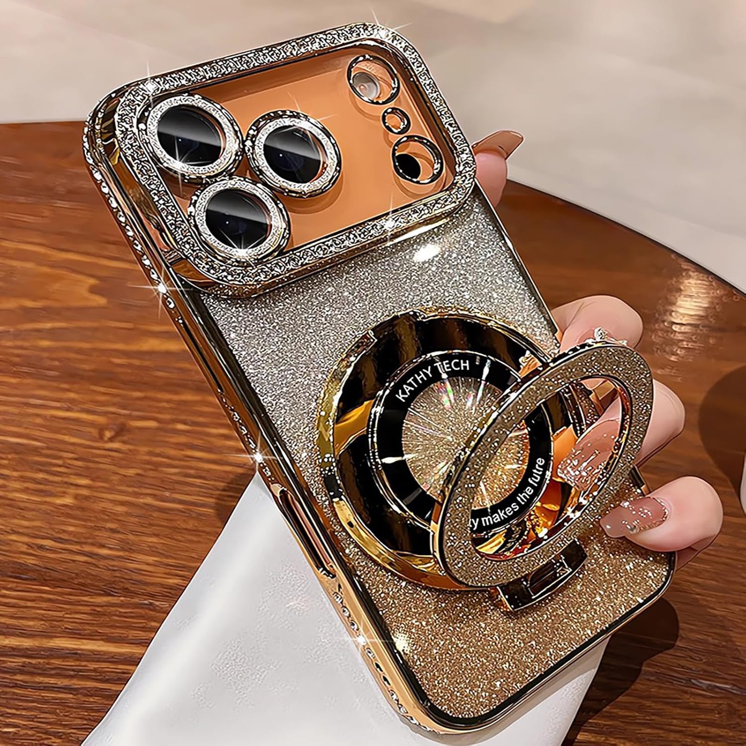 Magnetic Kickstand Case for iPhone 17 Pro Max with Glitter Lens Protector, Compatible with Magsafe, Luxury Bling Diamond Cover Glitter Rhinestone Phone Case Women (Gold, for iPhone 17 Pro Max 6.9") - Image 6