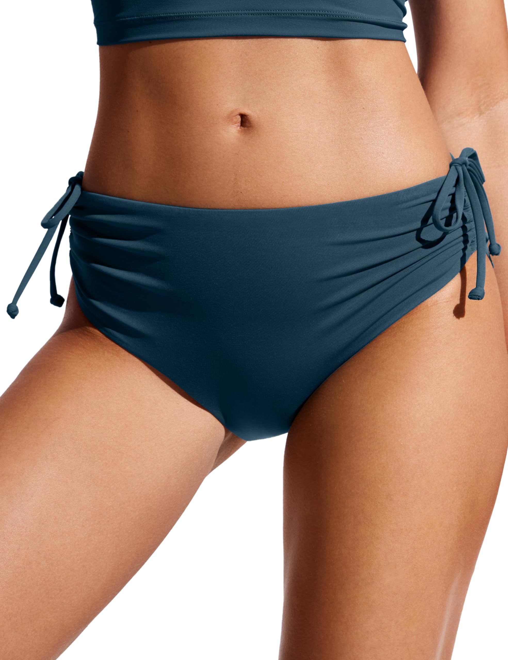 Mid Waisted Ruched Bikini Bottoms for Women - Full Coverage Bathing Swimsuit Adjustable Side Tie Swim Briefs