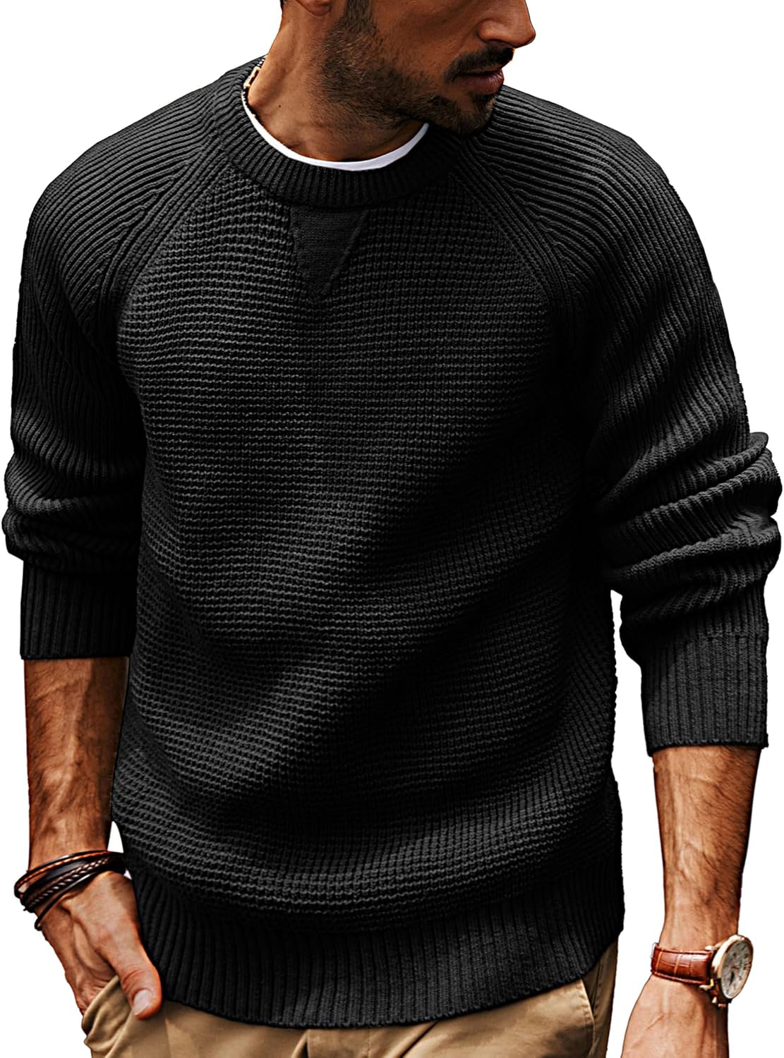 PJ PAUL JONES Mens Crewneck Sweater Waffle Knitted Pullover Sweaters Raglan Sleeve Knitwear Sweaters