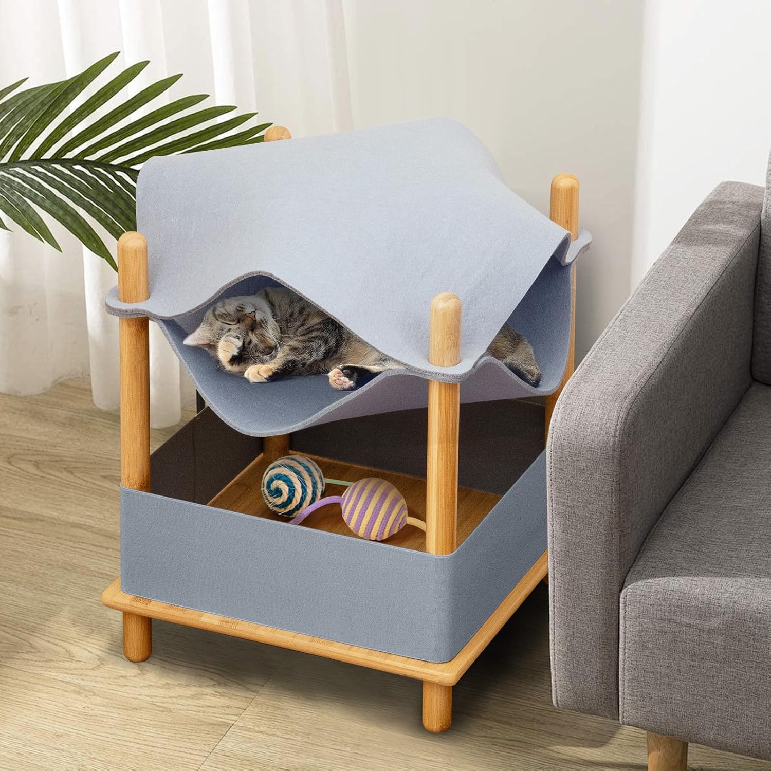 PETSITE Elevated Cat Beds for Indoor Cats, 2-Tier Cute Small Cat Cave with Dual-Layer Felt Fabric Top, Condo, Hammock, Storage Shelf, Natural Bamboo Framed