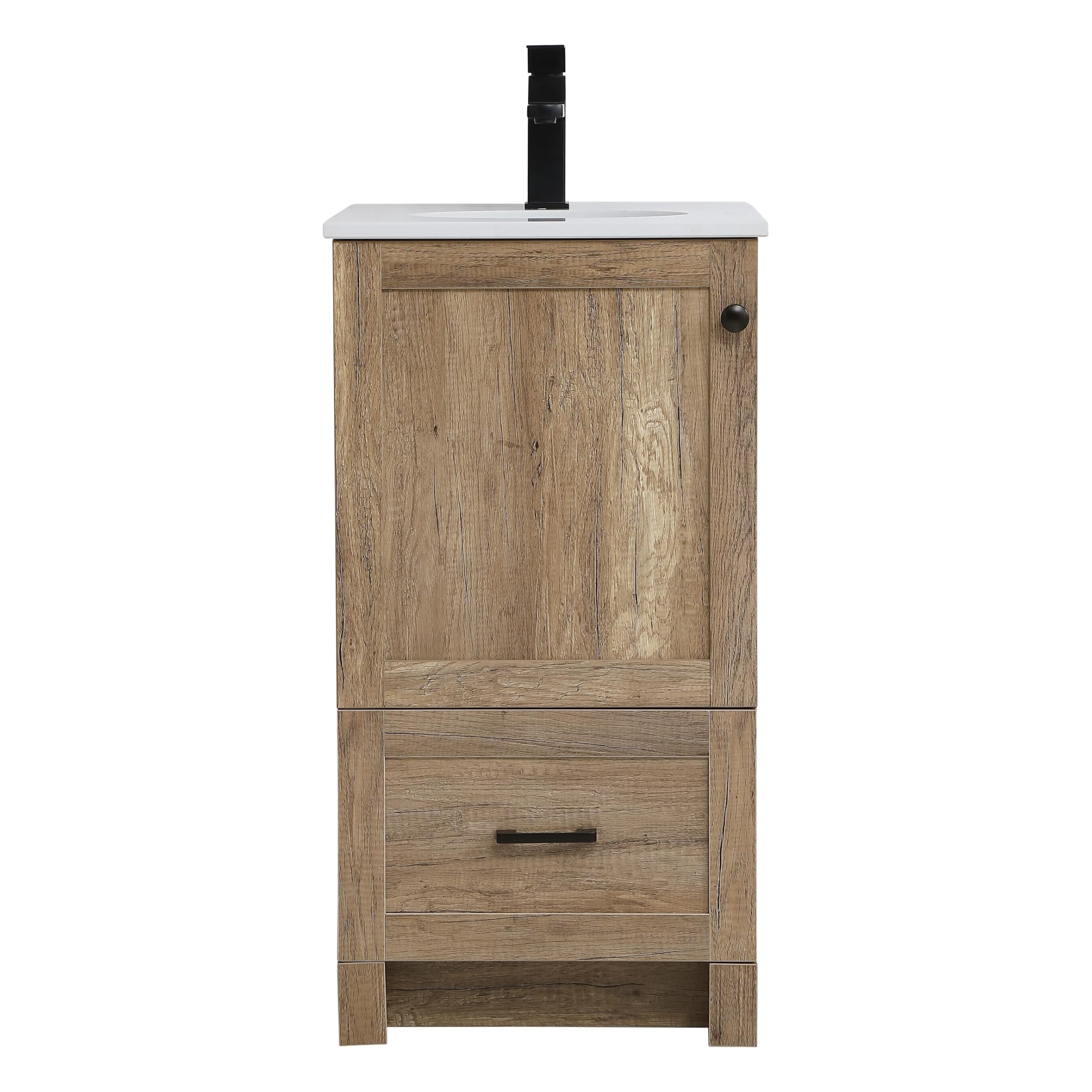 18" Pre-Assembled Bathroom Vanity with Sink, Engineered Wood, Ivory White Engineered Marble Countertop Included, Single Oval Porcelain Sink, 1 Soft-Close Drawers, Natural Oak