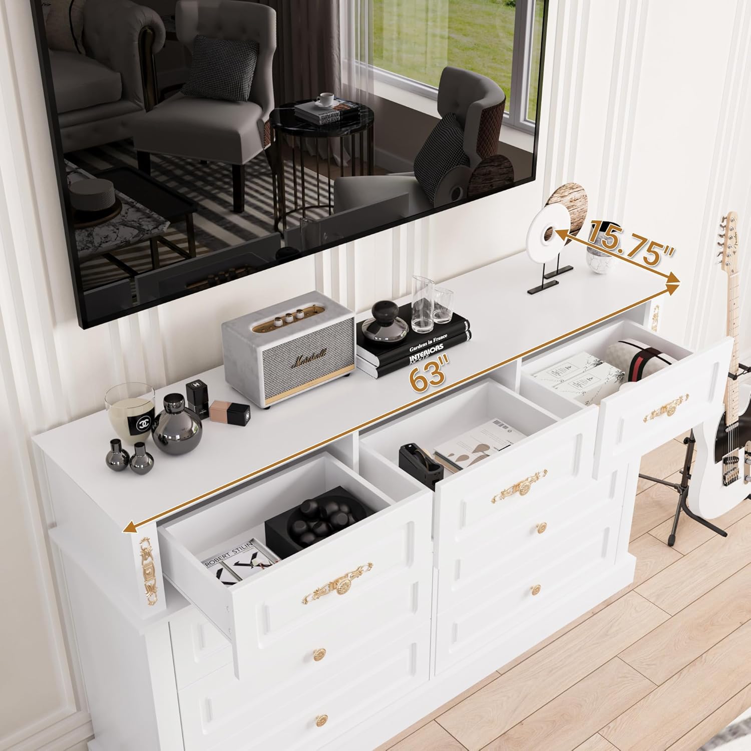 63Wx39H Large Dresser White,9 Drawers Dresser for Bedroom,Retro Chest of Drawers with Gold Knobs, Wooden Storage Dressers, Bedroom Storage Organizer for Closet, Living Room, Hallway