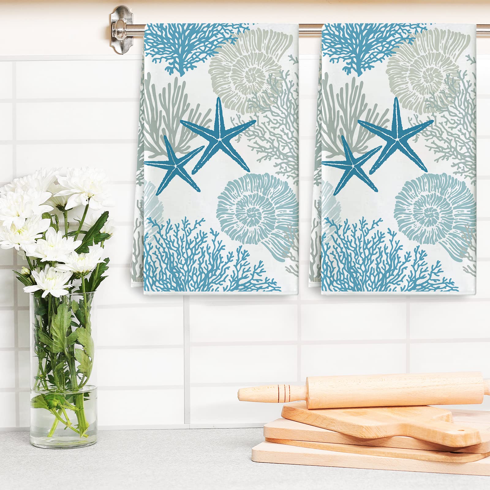 Blue Kitchen Towels Decorative Set Of 2 - Soft Absorbent Nautical Seahorse Coral Dish Towels 16x24 Inch