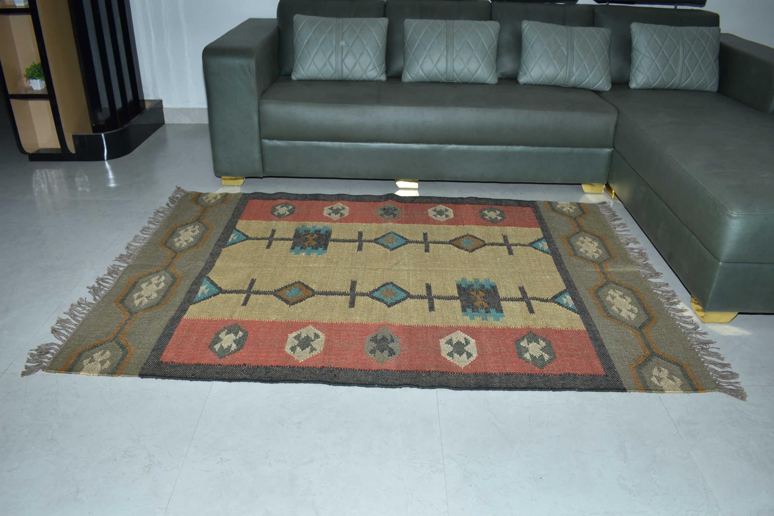 Tappeto in lana e iuta Kilim dall'aspetto rustico per soggiorno, camera da letto, sala da pranzo, tessuto a mano (90 x 150 cm)