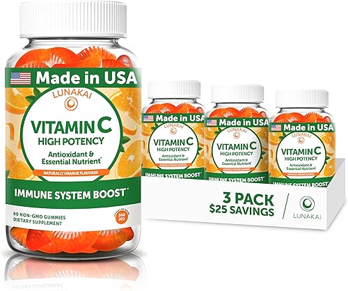 Lunakai Gomitas de vitamina C de alta potencia fabricadas en Estados Unidos para adultos y niños, apoyo inmunológico de 300 mg, sin OMG, veganas,