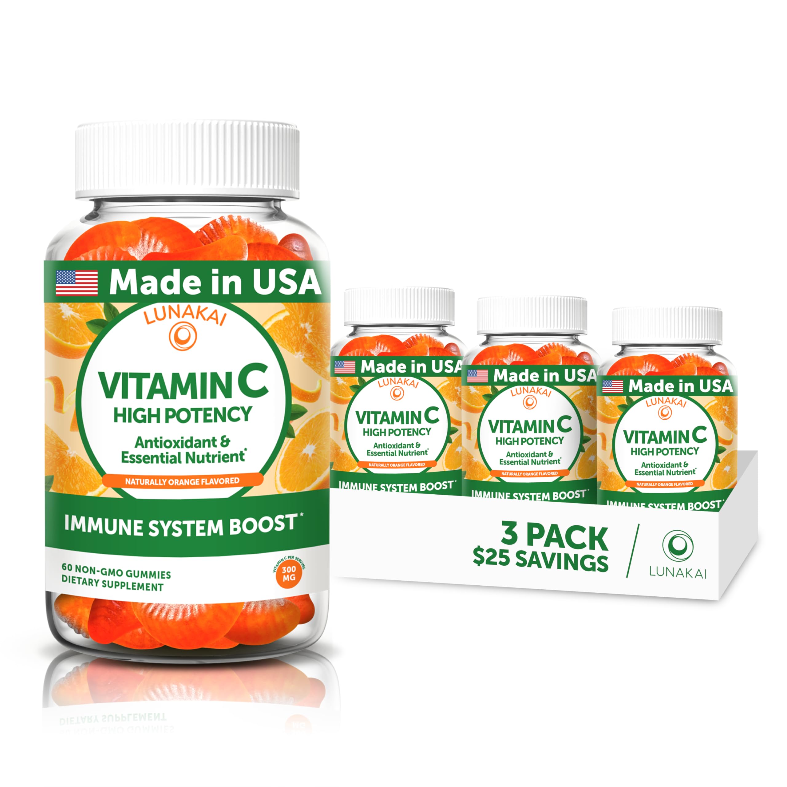 Lunakai USA Made Vitamin C Gummies for Adults and Kids 300mg, 180ct 60 Count (Pack of 3)