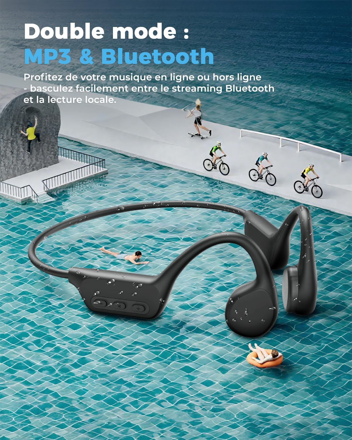 Cuffie a Conduzione Ossea, Cuffie per Nuoto, Memoria MP3 da 32GB, Cuffie Open-Ear Bluetooth 5.4, Impermeabilità IPX8, 10 Ore di Autonomia, Per Nuoto e Corsa