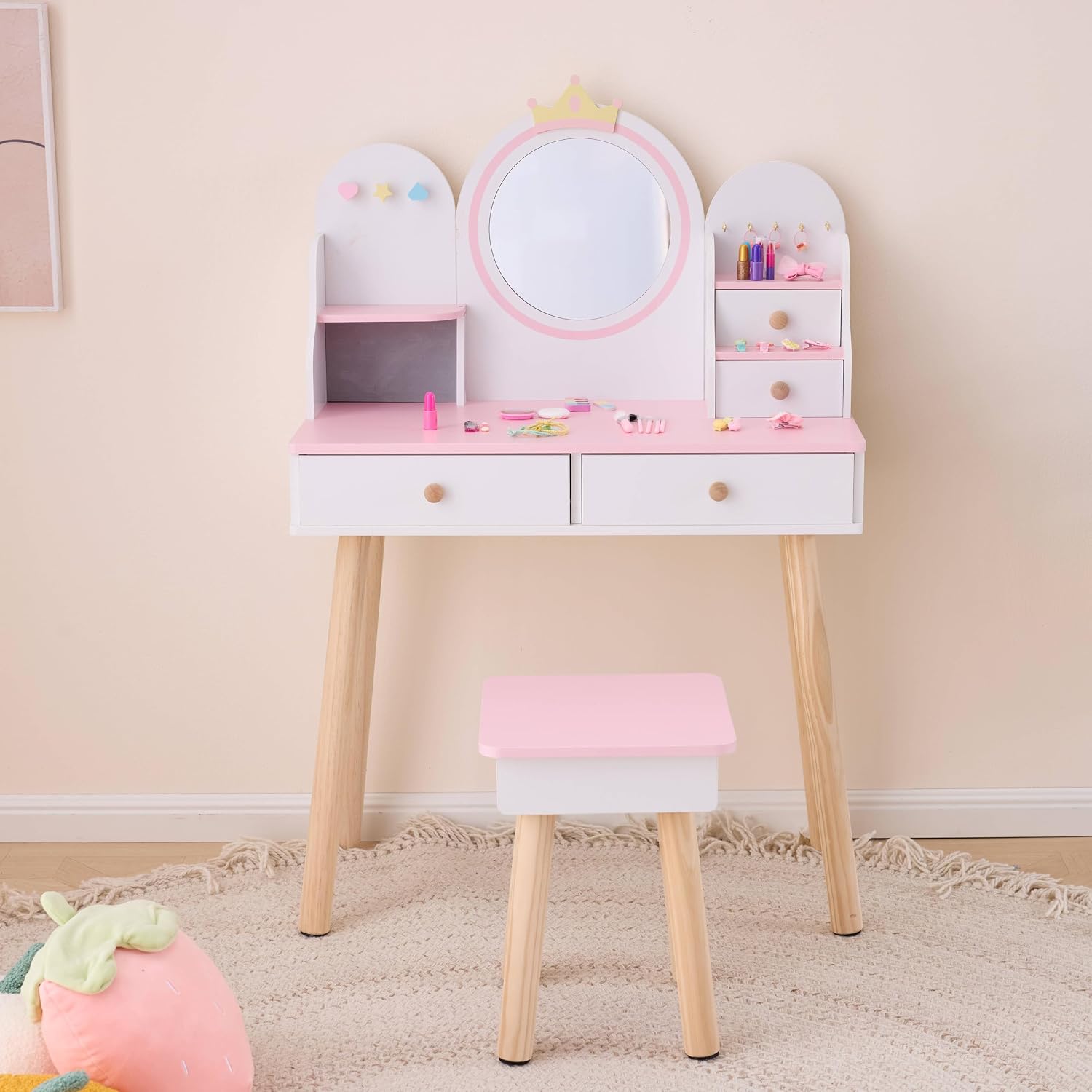 Karl home Kids Princess Vanity Table and Chair Set, 2 in 1 Toddler Makeup Vanity with Jewelry Storage & Drawers, Pretend Play Dressing Table Set for Little Girls, White