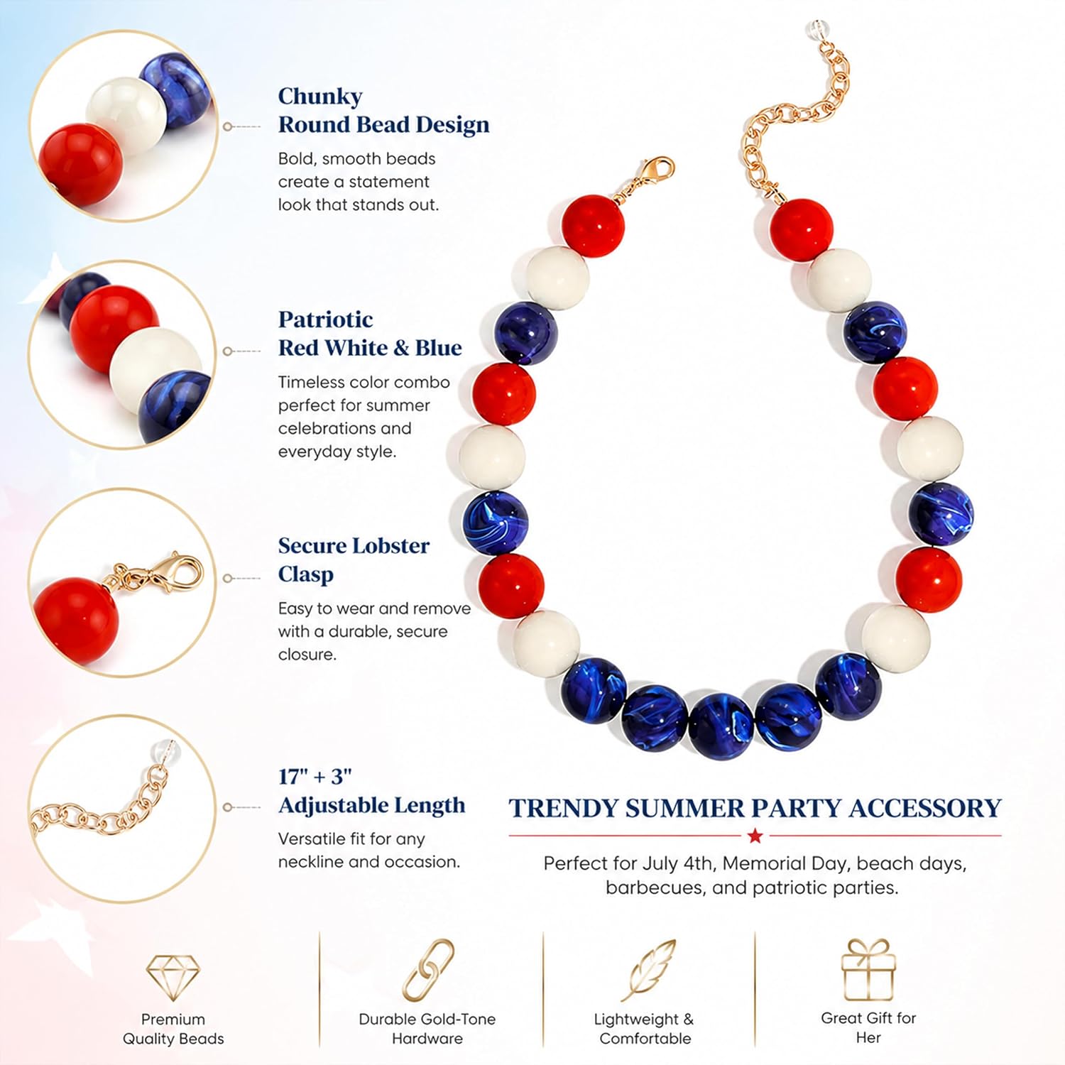 Red White Blue Necklace for Women Chunky Beaded Necklace Patriotic Statement Collar Large Colorful Round Bead Choker Trendy Summer Party July 4th Outfit Accessory Gift