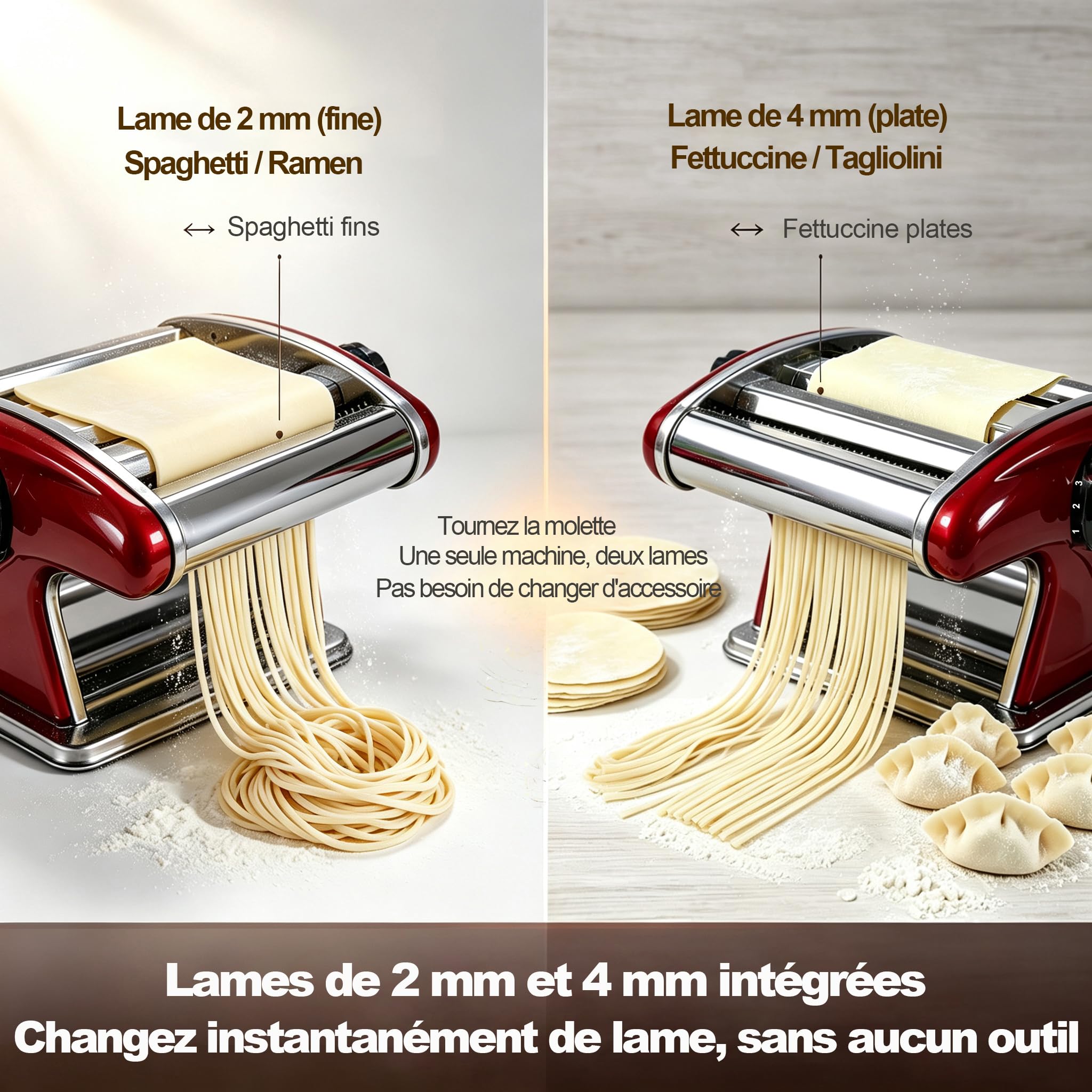 Machine à Pâtes Manuelle en Acier Inoxydable - 6 Épaisseurs Réglables, Double Couteaux (2mm/4mm) pour Spaghetti/Fettuccine - Rouge, Compacte (Idée Cadeau Cuisine)