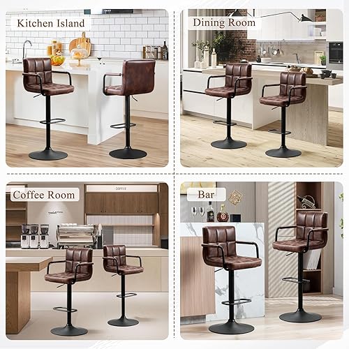 Miniatura 9 de Furniliving Bar Stools Set of 2 with Back, Modern Square PU Leather Kitchen Stools with Armrest, Adjustable Counter Height Barstools for Kitchen Bar