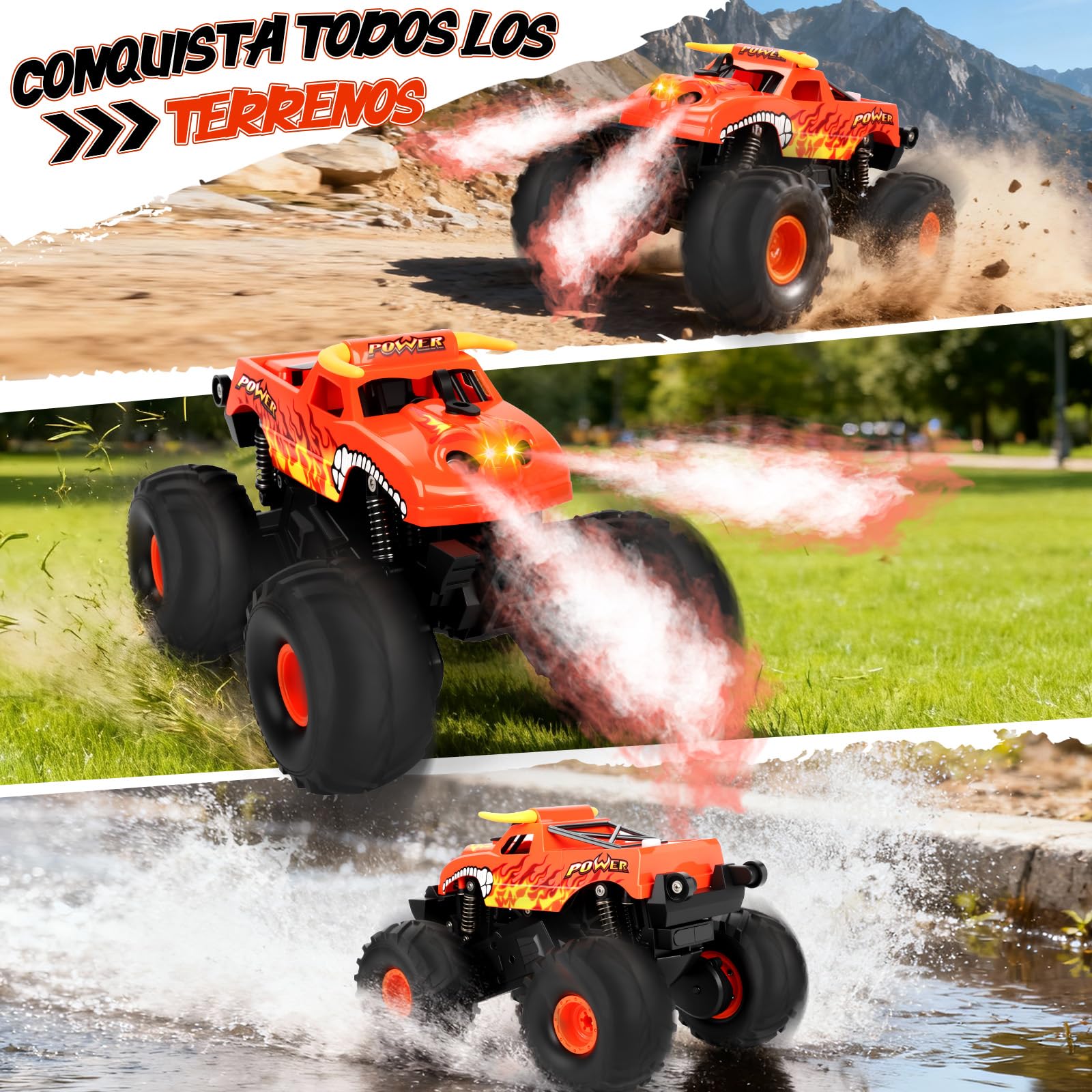 Charmofun Monster Truck Teledirigido, Anfibio Coche Teledirigido con Luces Led e 2 Baterías, 2.4GHz 360° Rotación Impermeable RC Monster Truck, Coche RC 1:16 para Niños (Rojo)