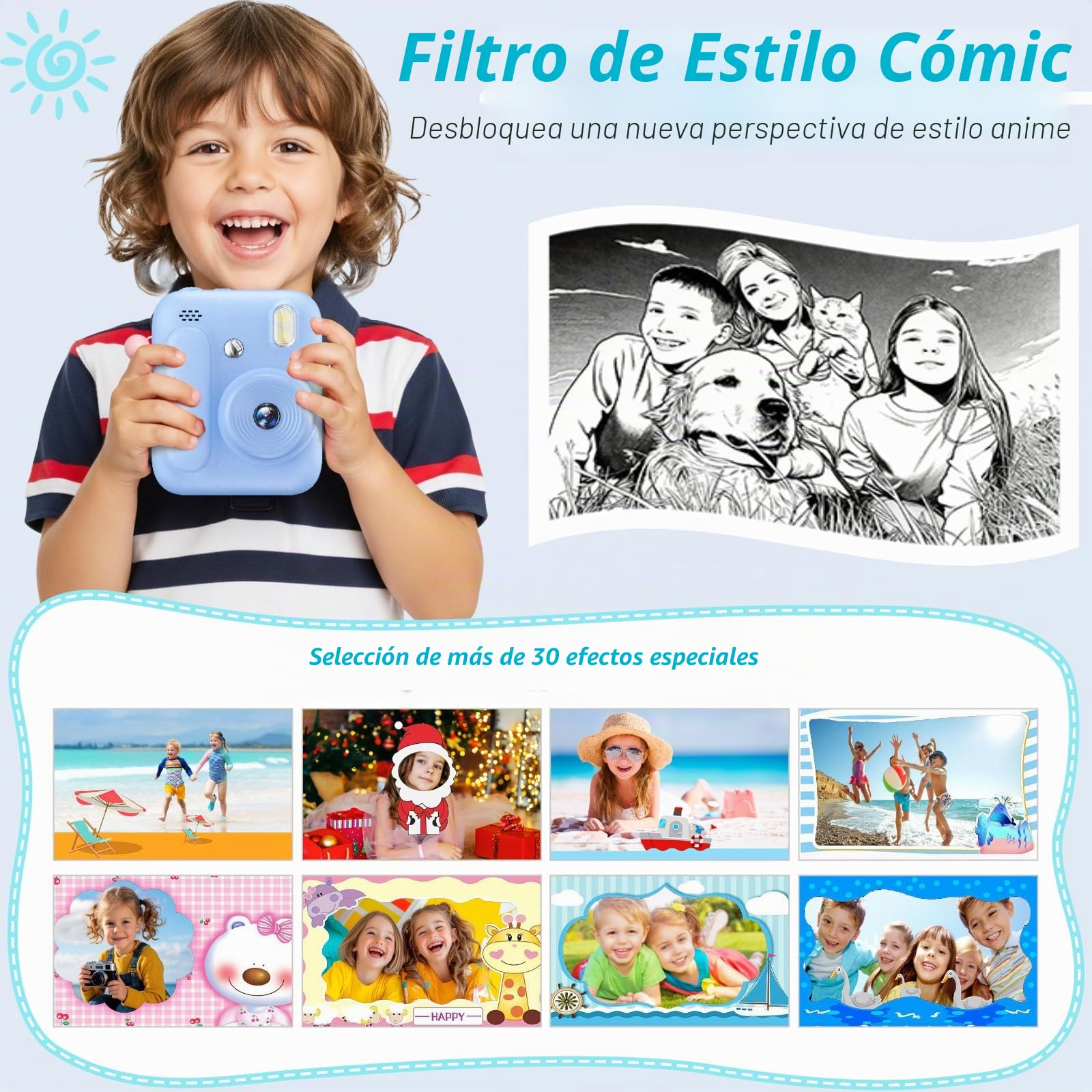 Cámara de Fotos Instantáneas para Niños,Camara Instantánea de 1080P con 5 Rollos de Papel de Impresión,Tarjeta de 32GB y Bolígrafos de Colores,Cámara Digital Portátil para Niños de 3-14 Años (Azul)