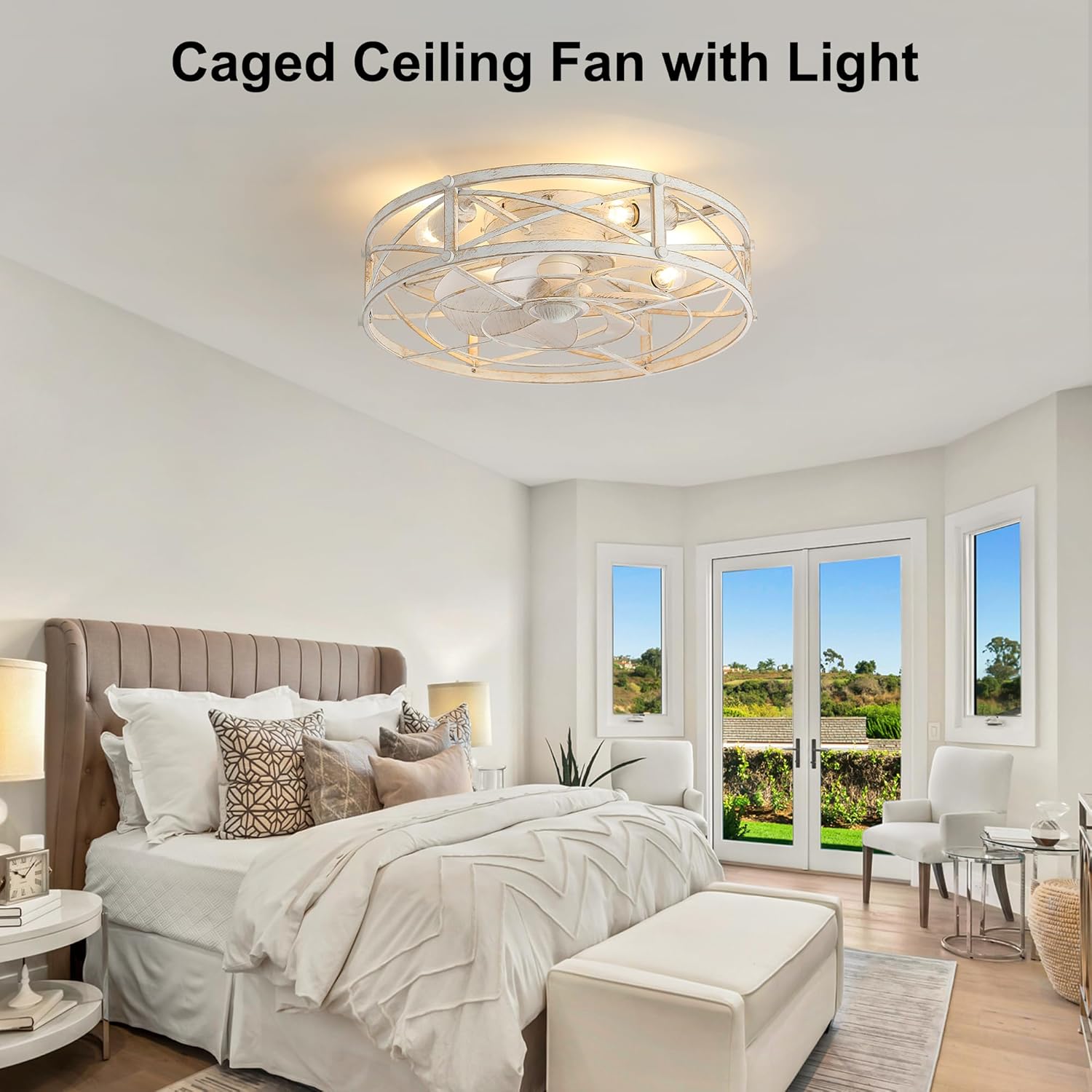 20" Caged Low Profile Ceiling Fan with Light, 6 Speeds, Farmhouse Flush Mount Ceilings Fans with Lights and Remote, White Brush Gold Ceiling Fixture for Bedroom Kitchen