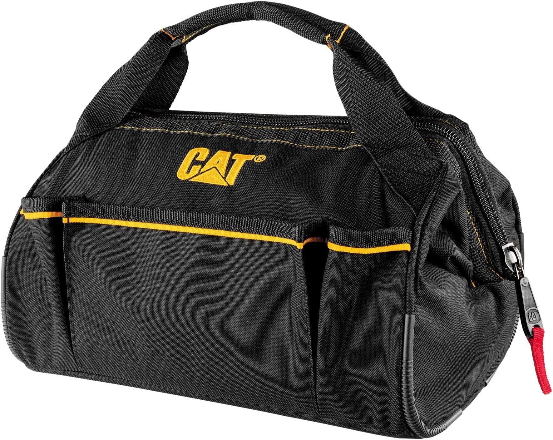 Cat 13-Inch Wide Mouth Tool Bag with 3 Exterior Pockets, Hi-Vis Interior, Reinforced Bottom, and Heavy-Duty Zipper – Durable 600D Polyester Construction - 240042