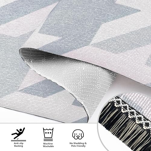 Miniatura 4 de CHIFIGNO Alfombra de pasillo de pata de gallo de color retro, color rosa, azul, blanco, con flecos, 72 x 23.5 pulgadas, para pasillo y sala de estar