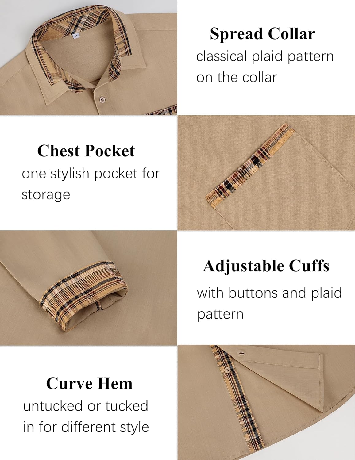 Vssjavun Mens Long Sleeve Button Down Shirt Plaid Collar Casual Regular Fit Untucked Dress Shirts - Image 4