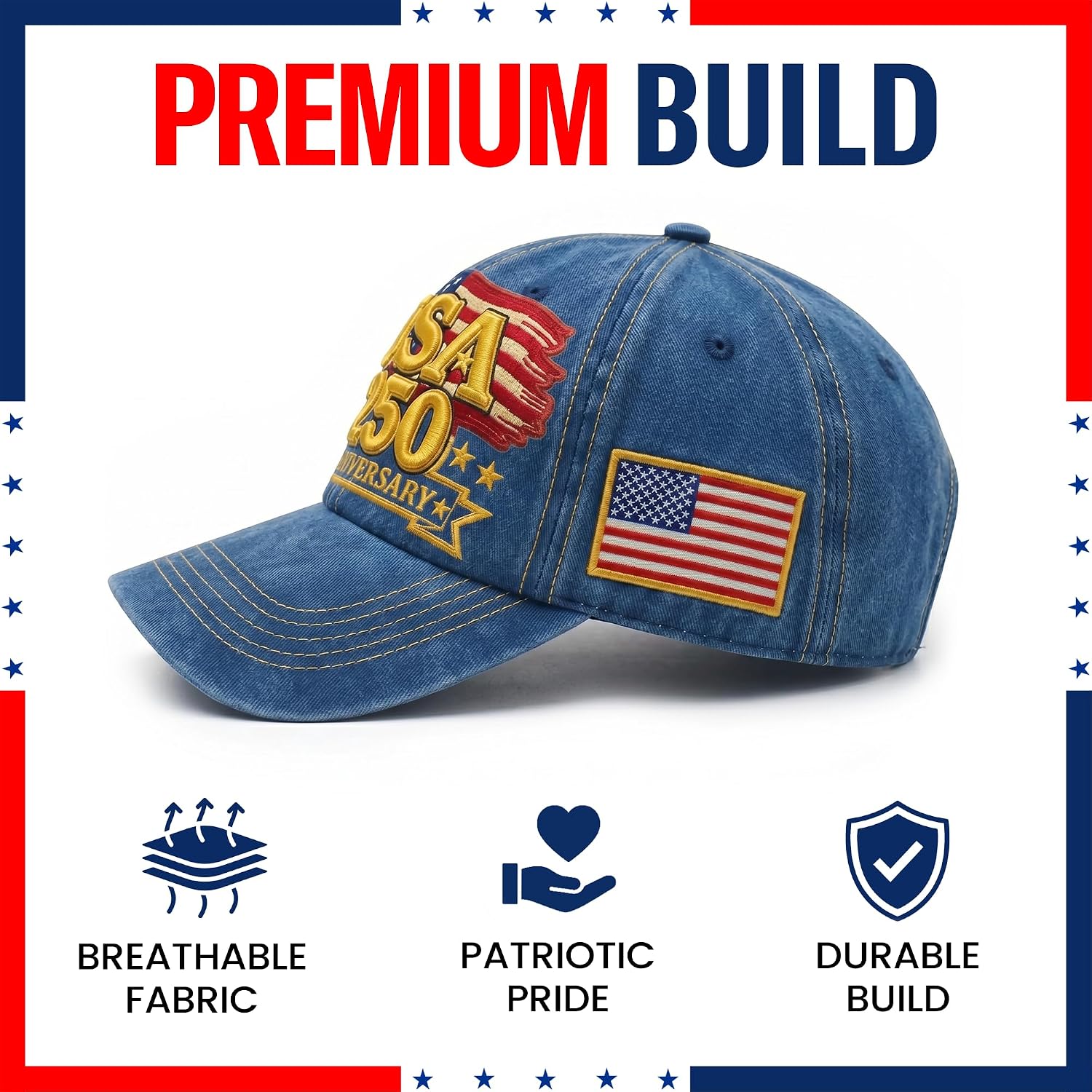 250th Anniversary USA Hat | Gold USA Flag | America 250 Anniversary Distressed Baseball Cap, 6-Panel Cotton