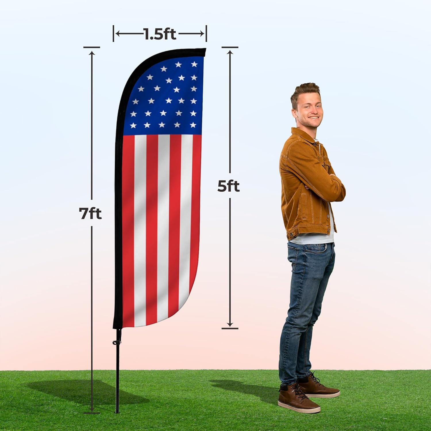 LookOurWay Feather Flag Pole Kit - 7 Feet Tall Advertising Banner with Fiberglass Pole Set and Ground Spike for Business Promotion - USA Flags - American Standard